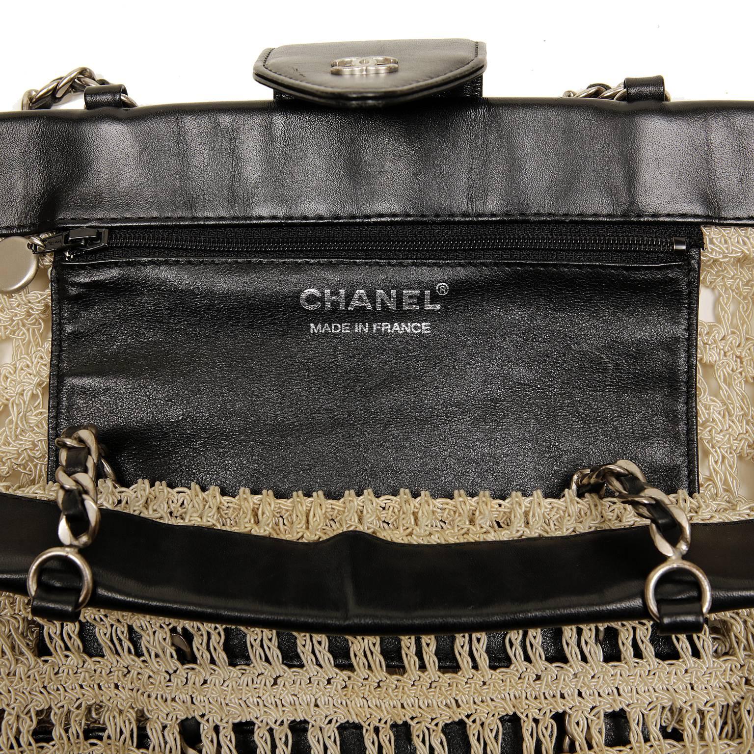 Chanel Beige Crocheted and Black Leather Tote Bag For Sale 4