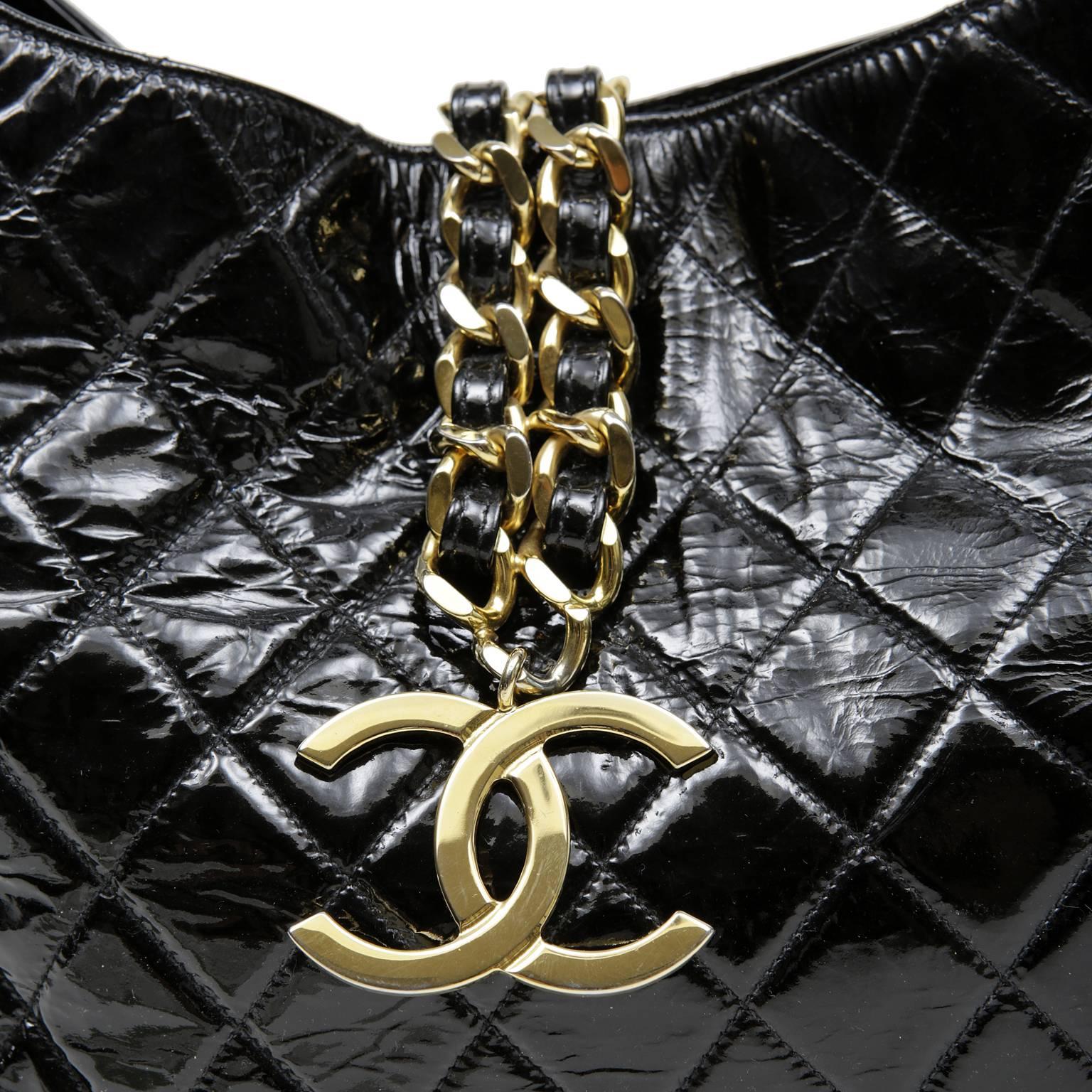 Chanel Black Patent Leather Vintage Cross Body Bag with18K Gold plated CC 1