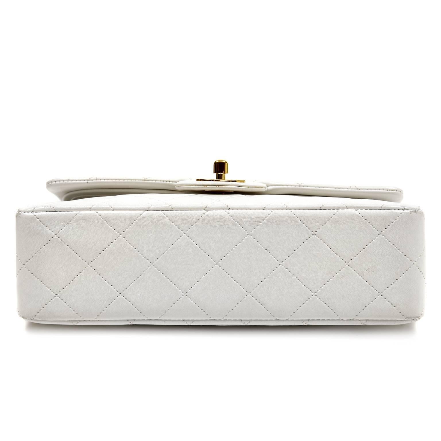 Women's Chanel White Leather Classic Double Flap- Medium size