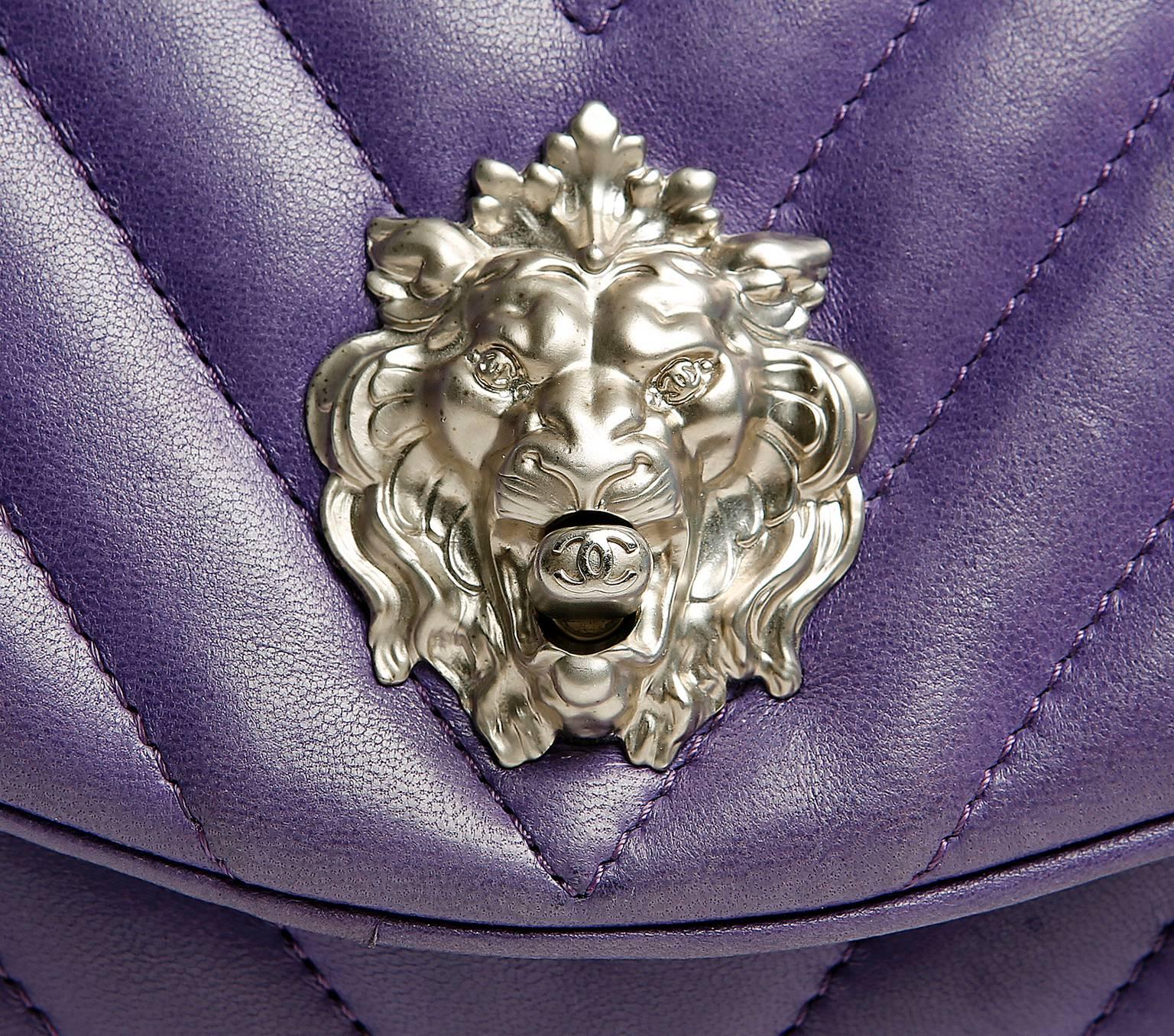 Chanel Purple Chevron Leather Leo Lion Flap Bag In Excellent Condition In Malibu, CA