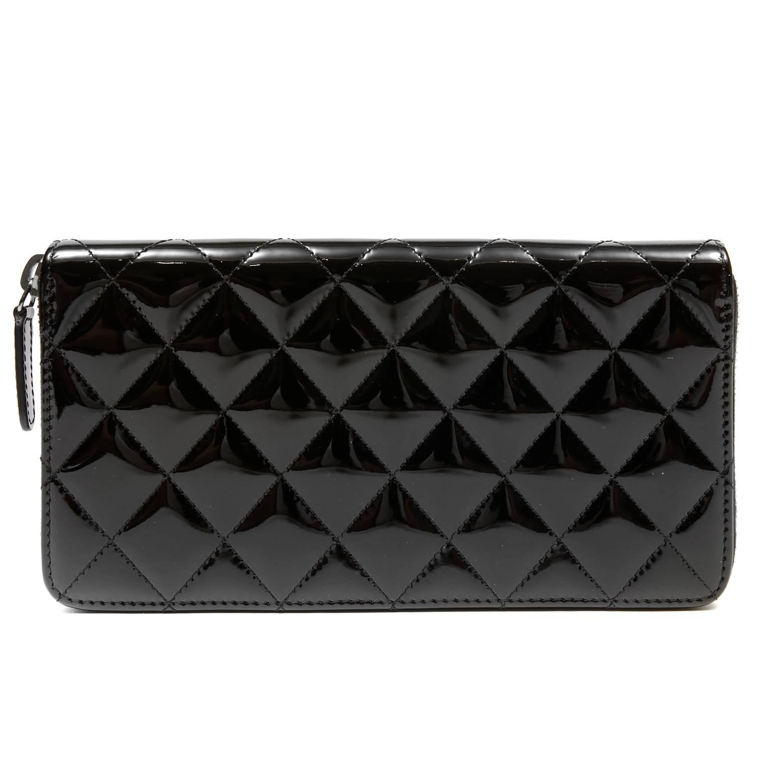 Women's Chanel Black Patent Leather Large Zip Wallet
