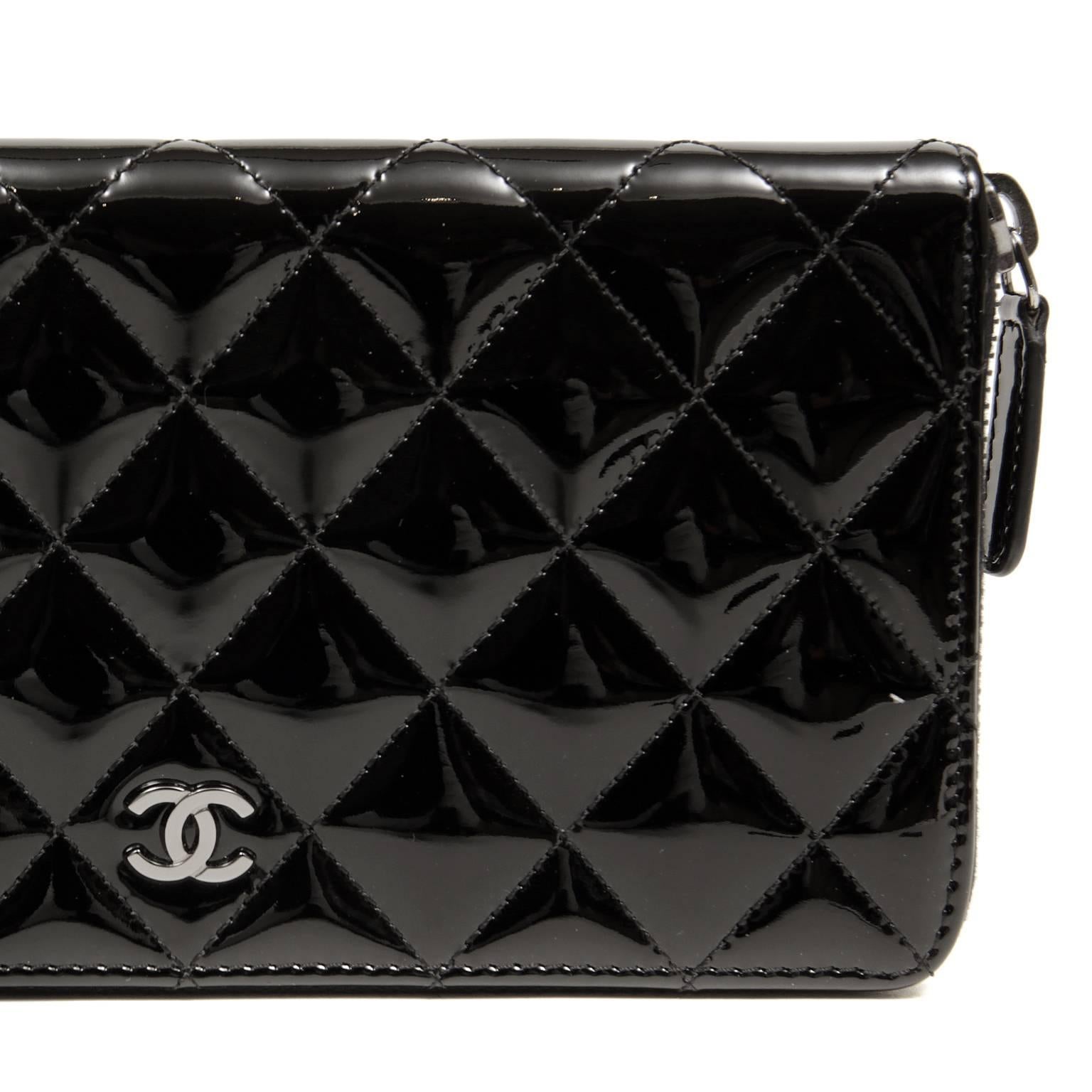 Chanel Black Patent Leather Large Zip Wallet 2