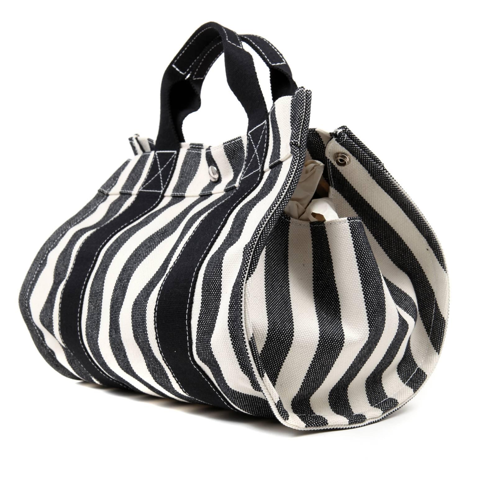 black and white striped canvas tote