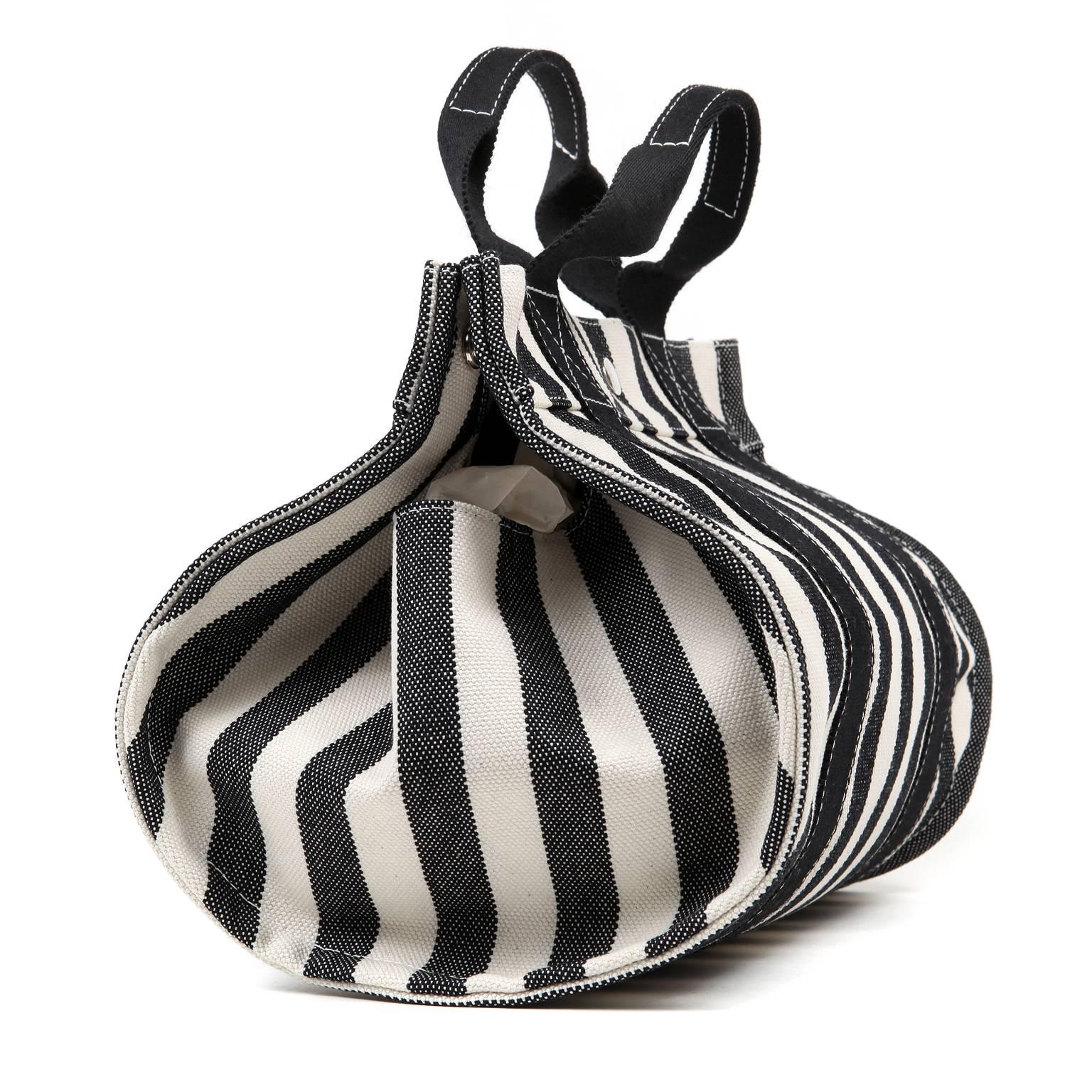 Hermes Black and White Striped Canvas Tote with pochette For Sale 1