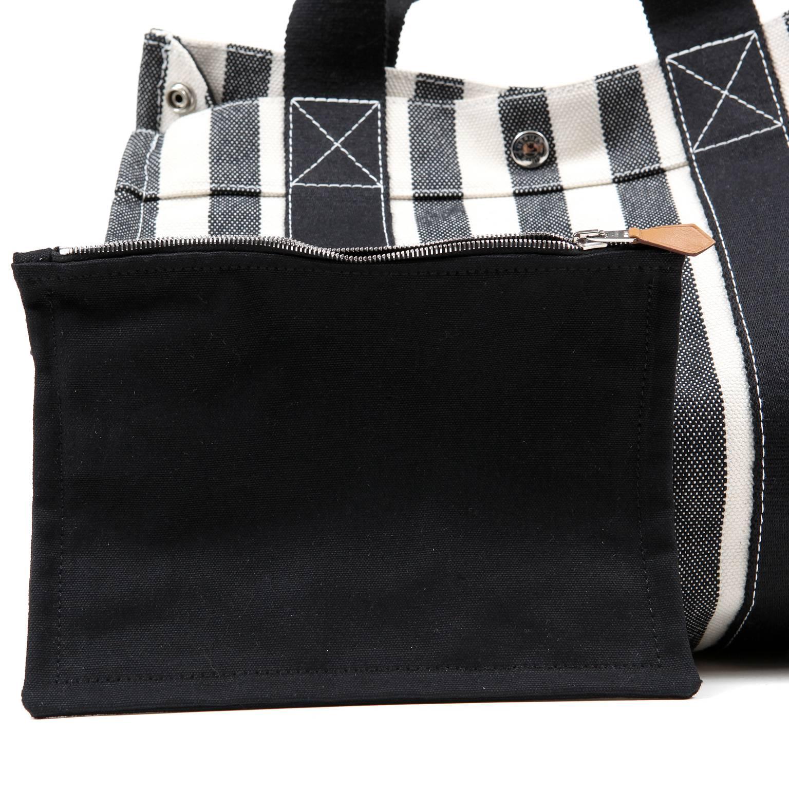 Hermes Black and White Striped Canvas Tote with pochette For Sale 3