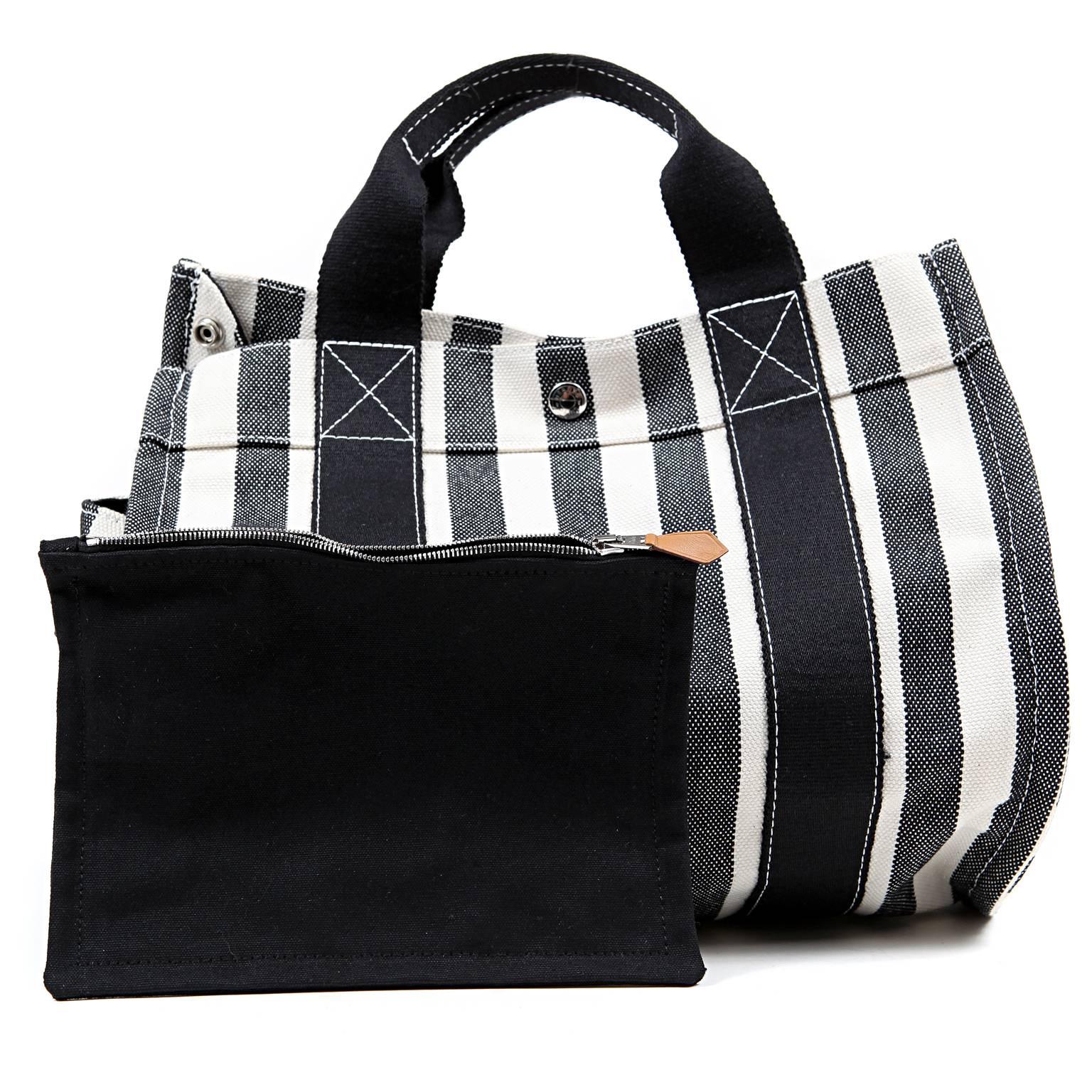 Hermes Black and White Striped Canvas Tote with pochette For Sale 4