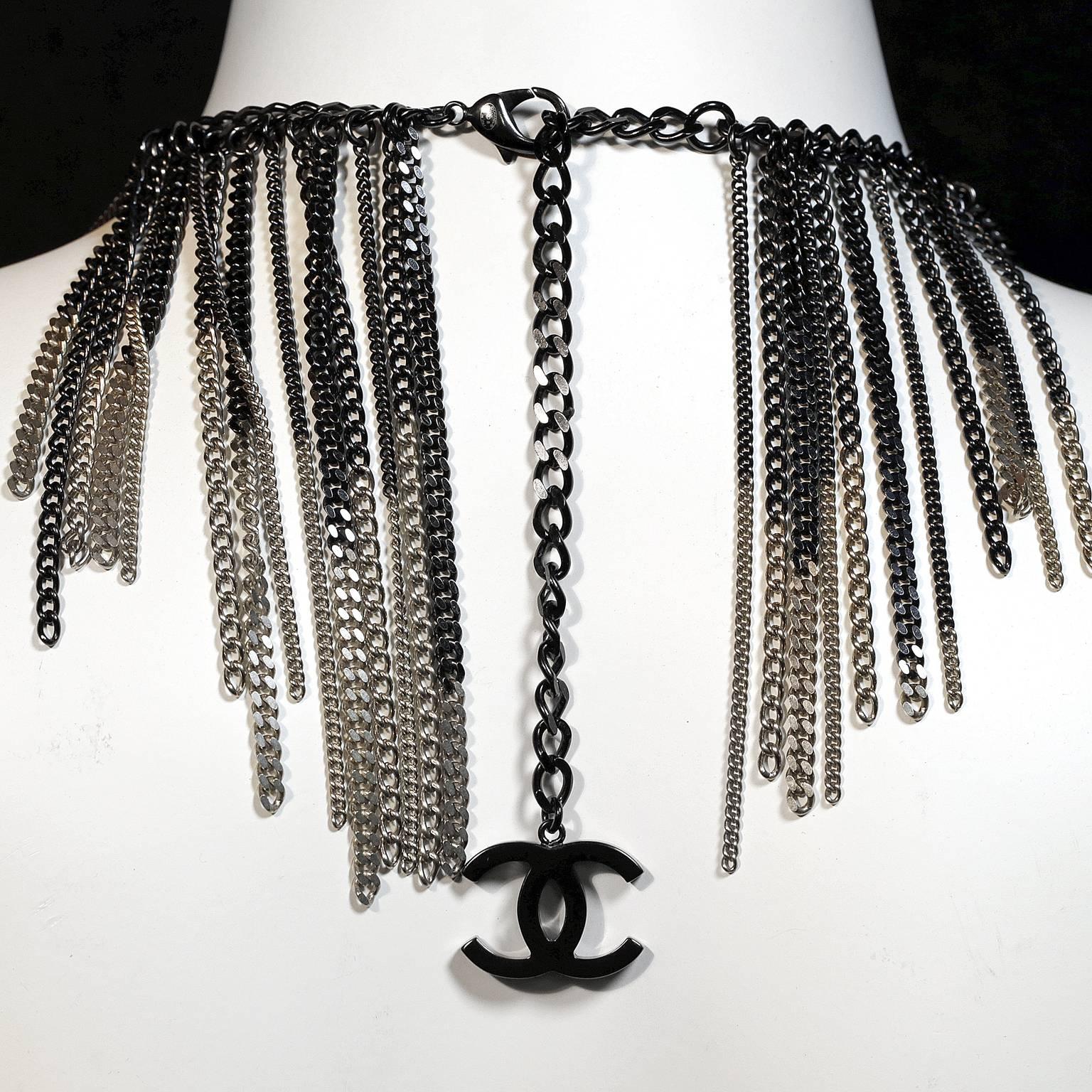 Chanel Ruthenium and Gold Dripping Chain Bib Statement Necklace In New Condition In Malibu, CA