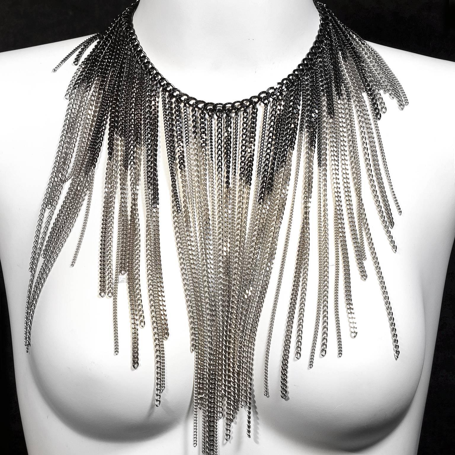 Chanel Ruthenium and Gold Dripping Chain Bib Statement Necklace 3