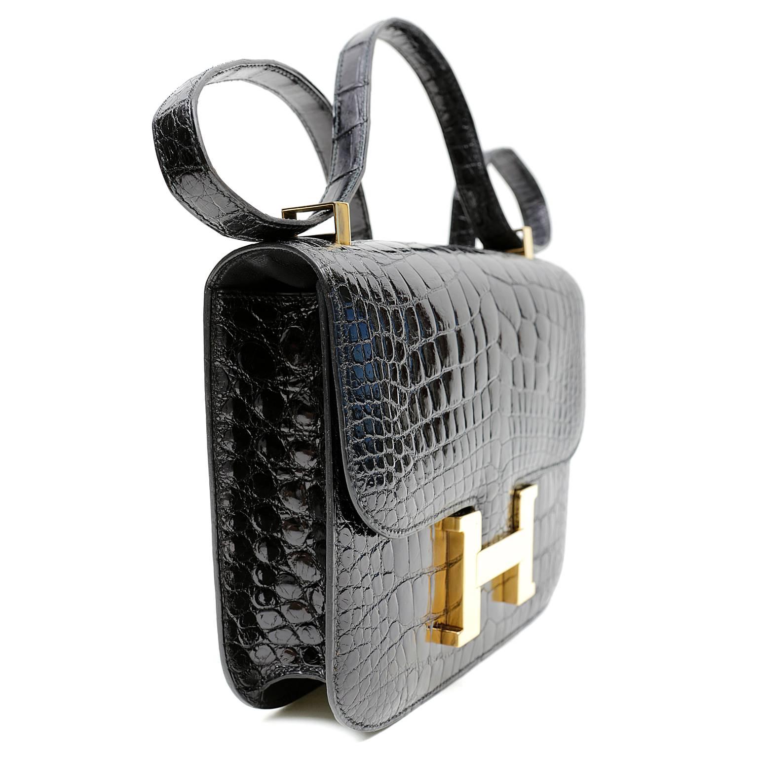 Hermès Black Alligator Constance- PRISTINE
 A truly classic Hermès style, Jackie Onassis was often photographed wearing one of the many Constance bags in her personal collection.  The exotic versions are naturally very rare and considered highly