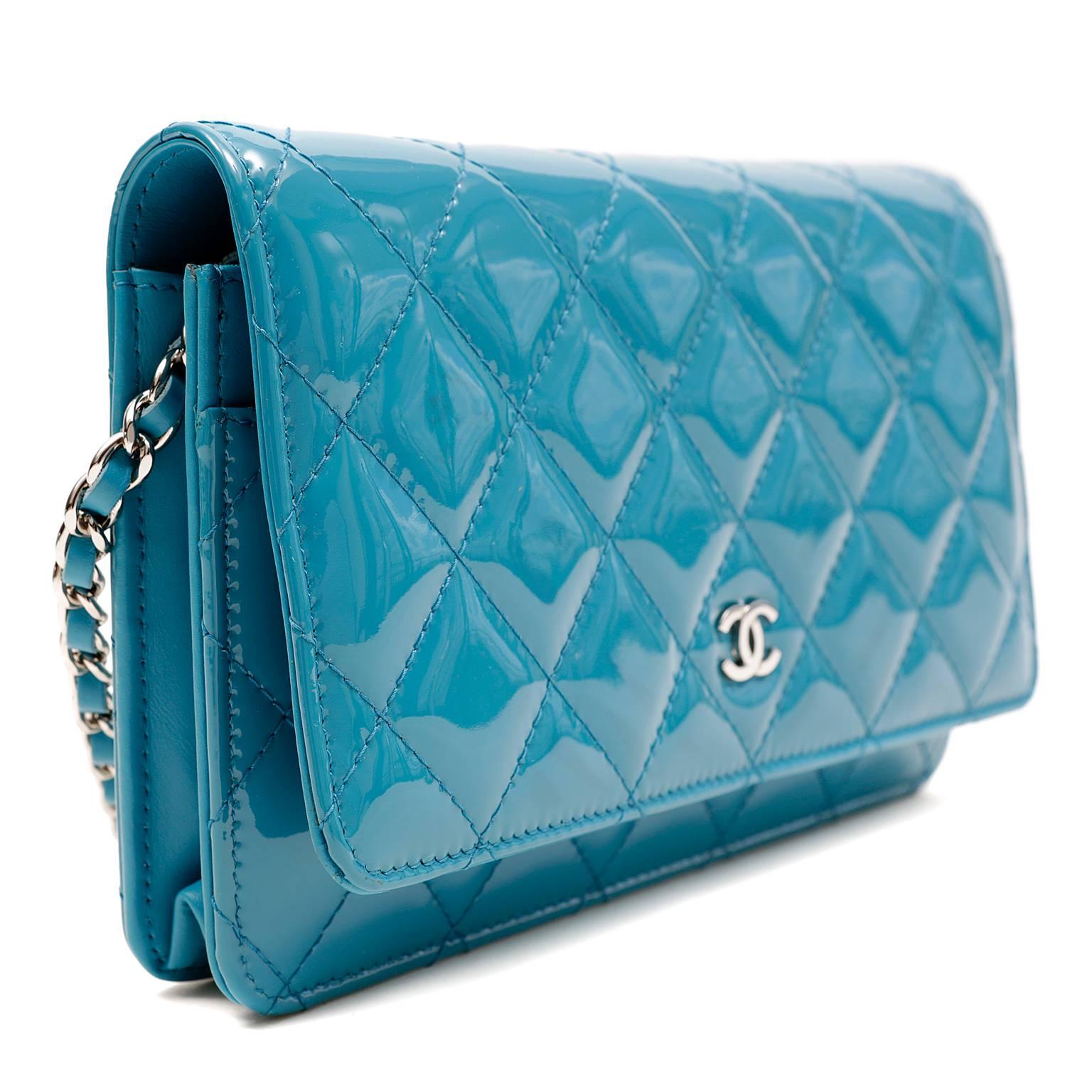 Blue Chanel Turquoise Patent Leather Wallet on a Chain WOC- Silver HW