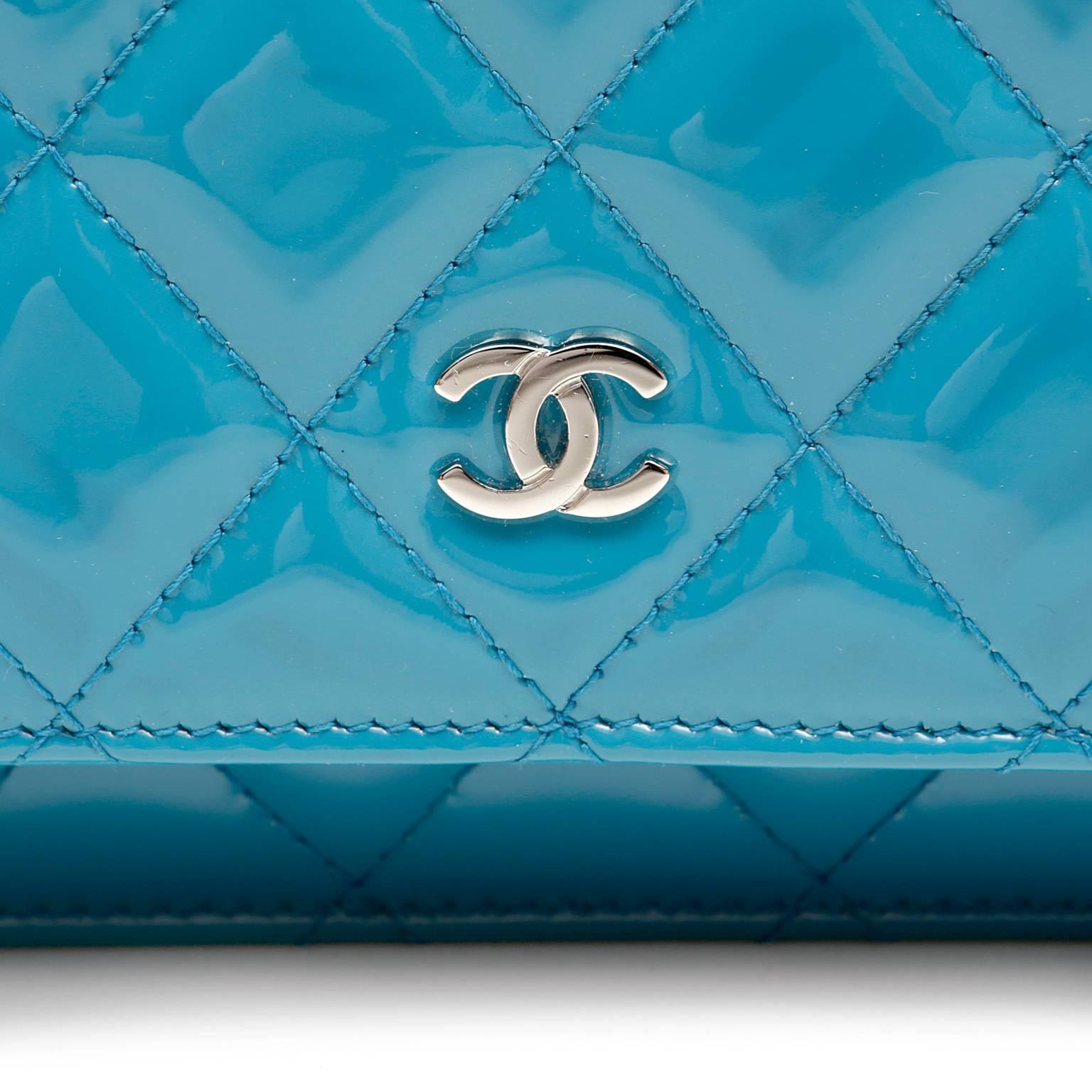 Women's Chanel Turquoise Patent Leather Wallet on a Chain WOC- Silver HW
