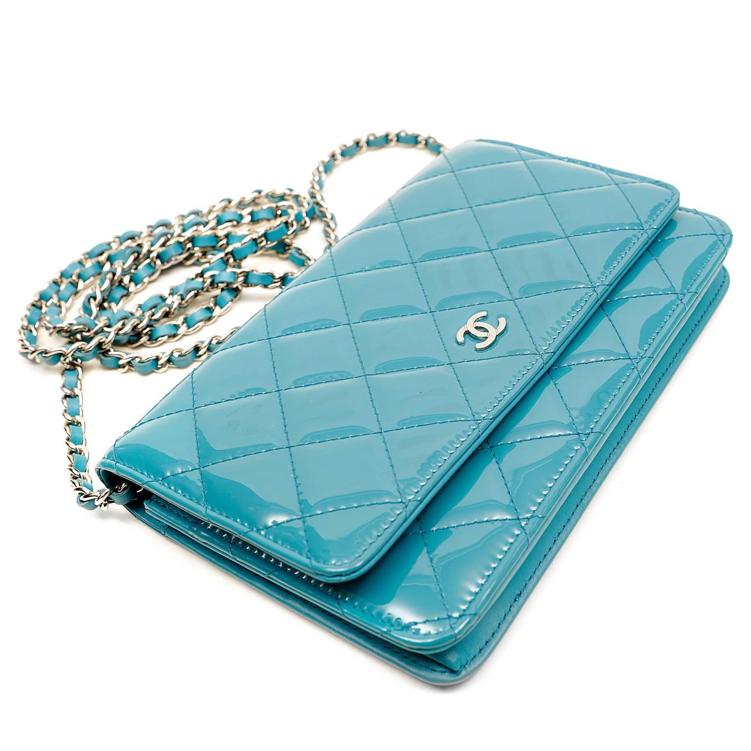 Chanel Turquoise Patent Leather Wallet on a Chain WOC- Silver HW 1