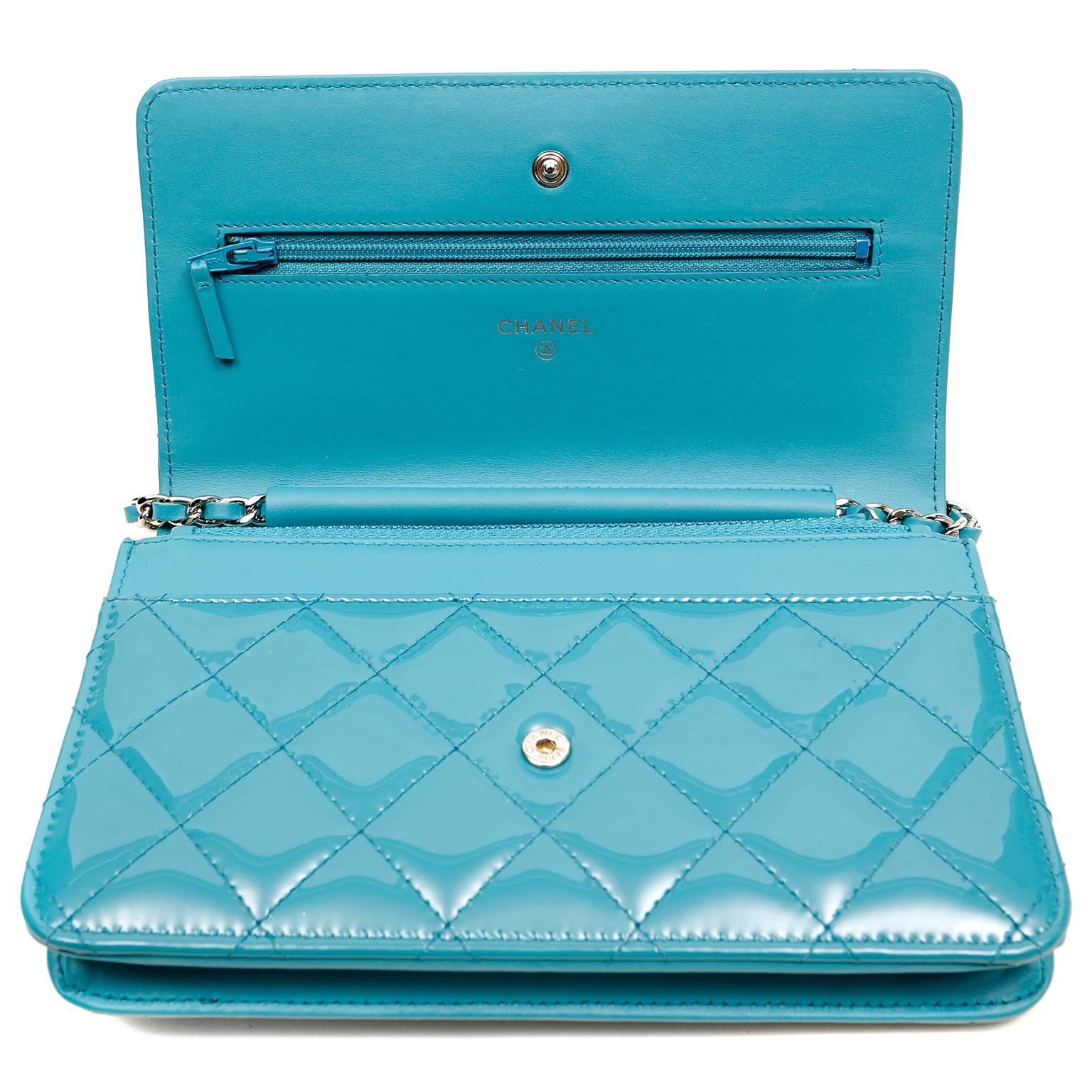 Chanel Turquoise Patent Leather Wallet on a Chain WOC- Silver HW 2