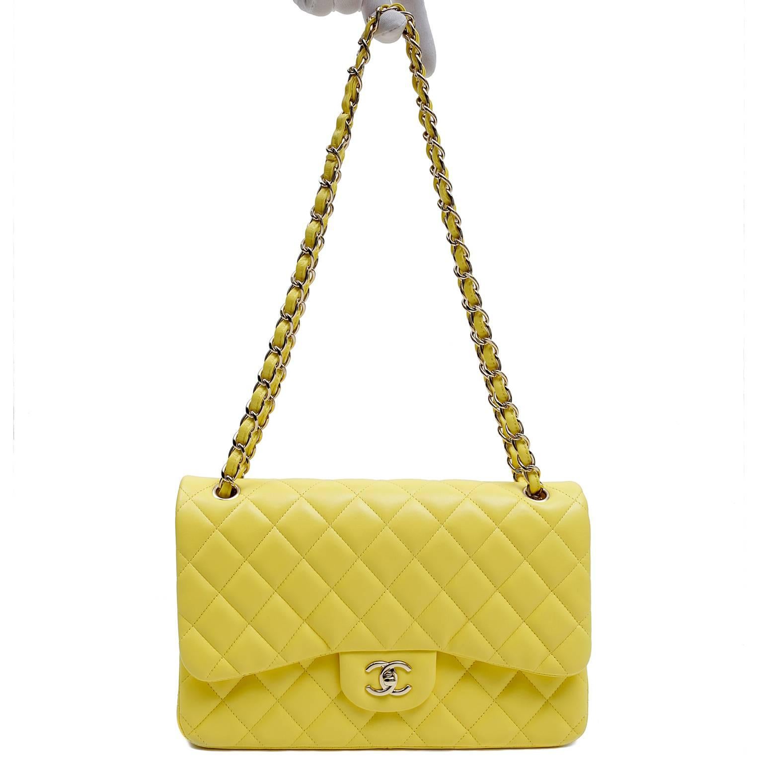 Chanel Yellow Leather Jumbo Classic Double Flap Bag 5