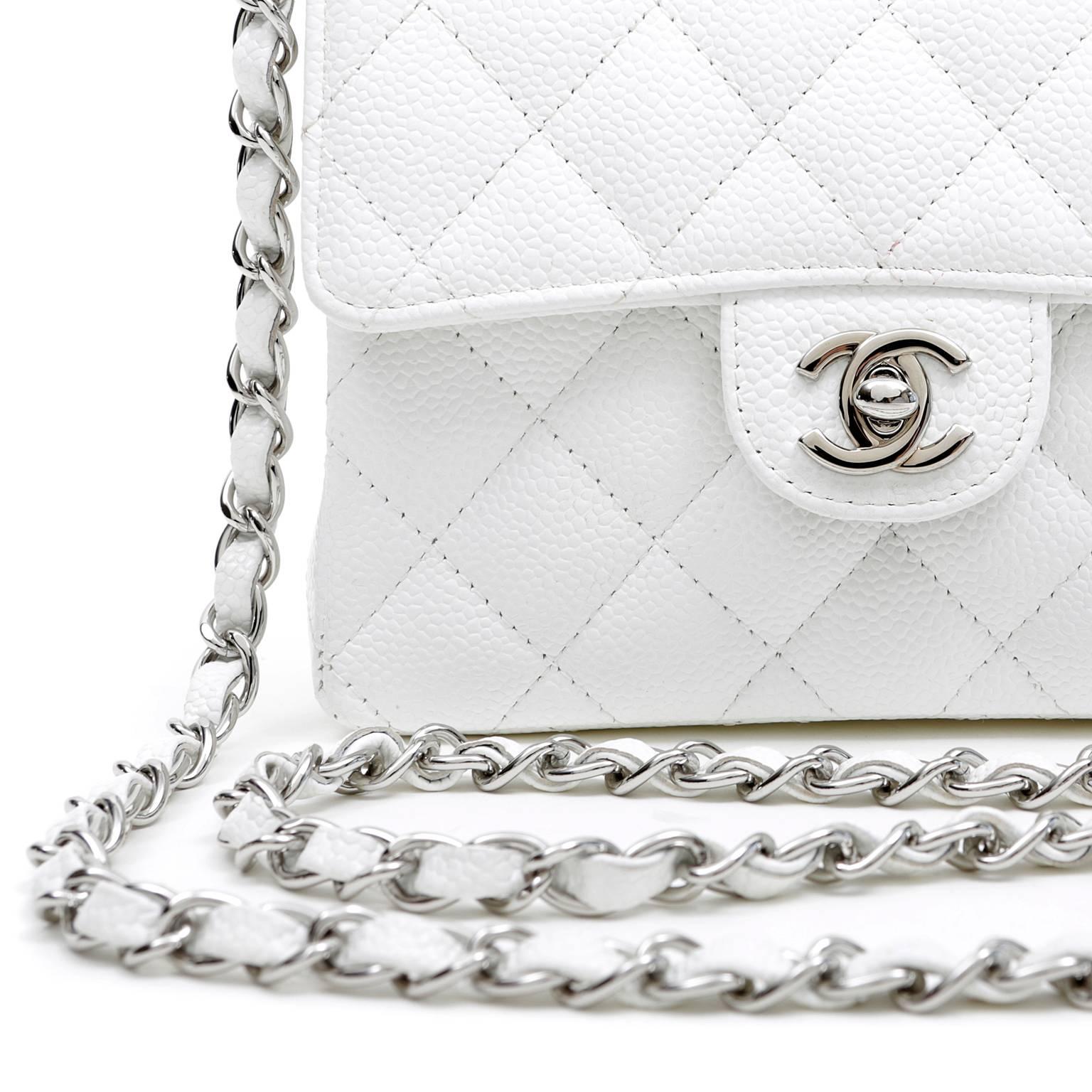Chanel White Caviar Leather Mini Classic Flap with Silver In Excellent Condition In Malibu, CA