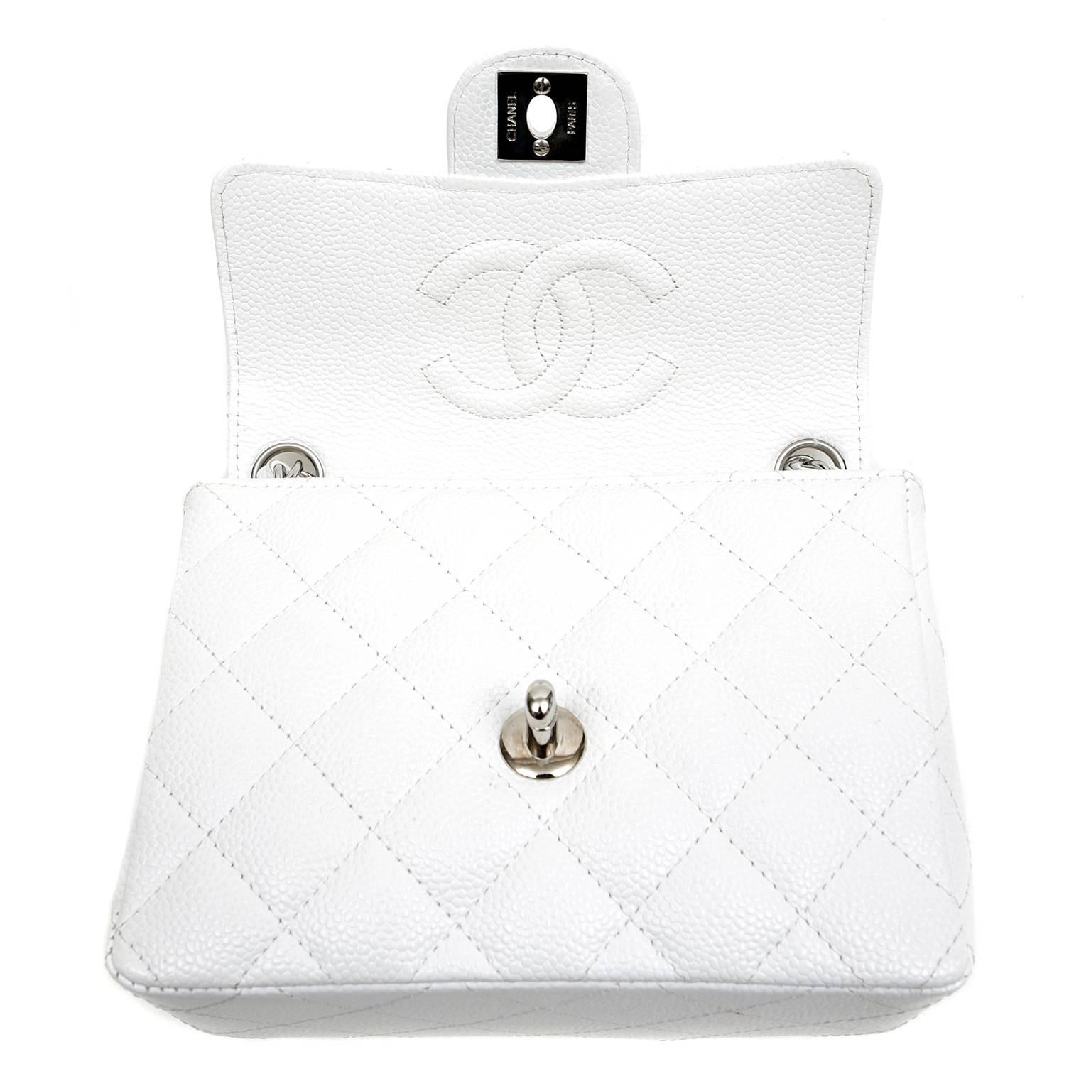Women's Chanel White Caviar Leather Mini Classic Flap with Silver