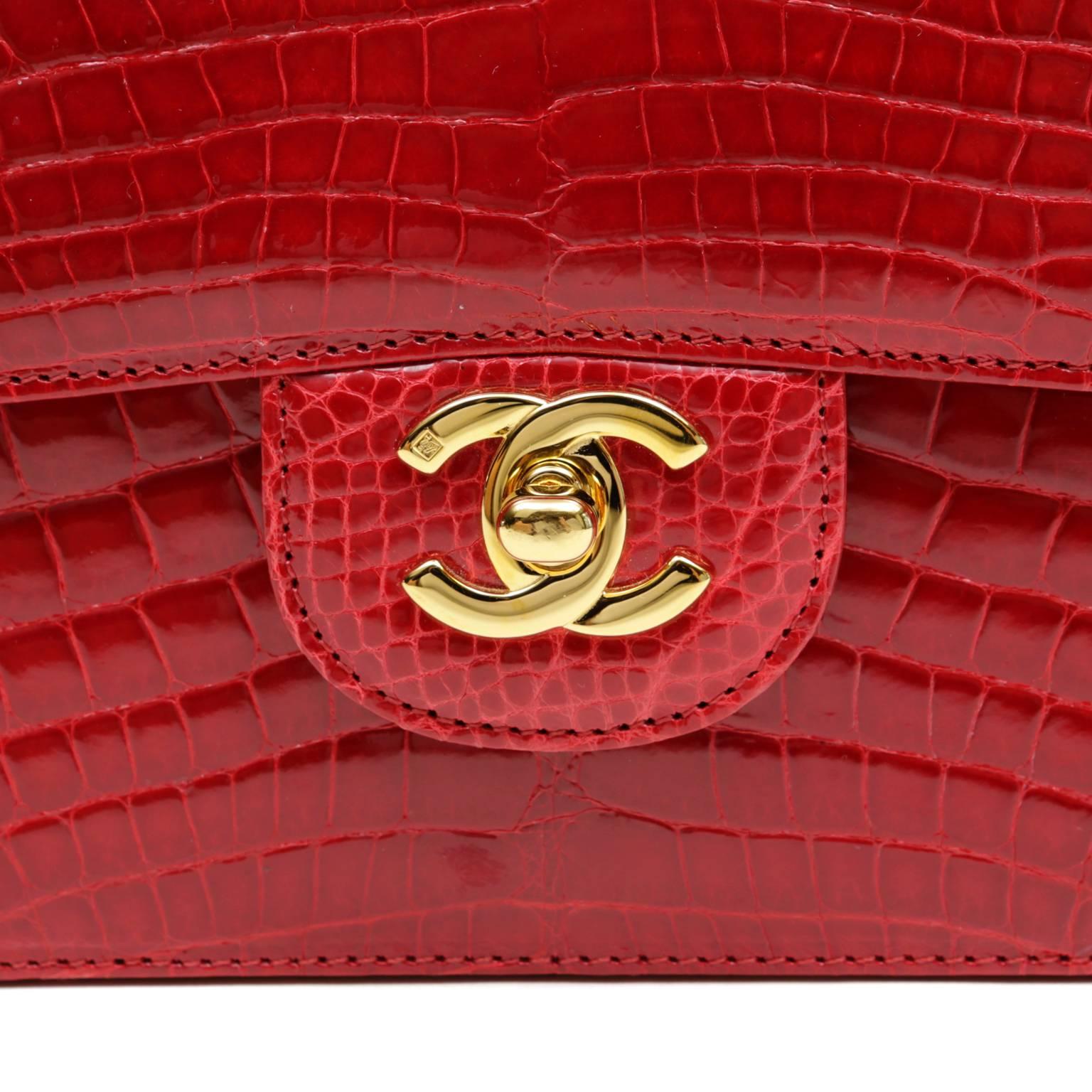 Women's Chanel Red Crocodile Classic Single Flap with Gold Hardware