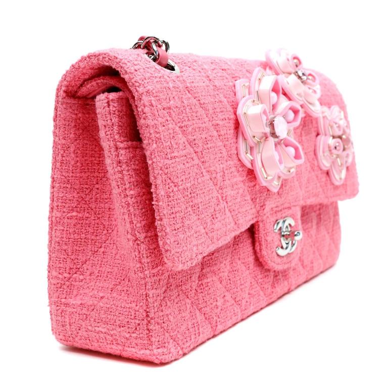 Chanel Pink Camellia Flower Tweed Double Flap Classic