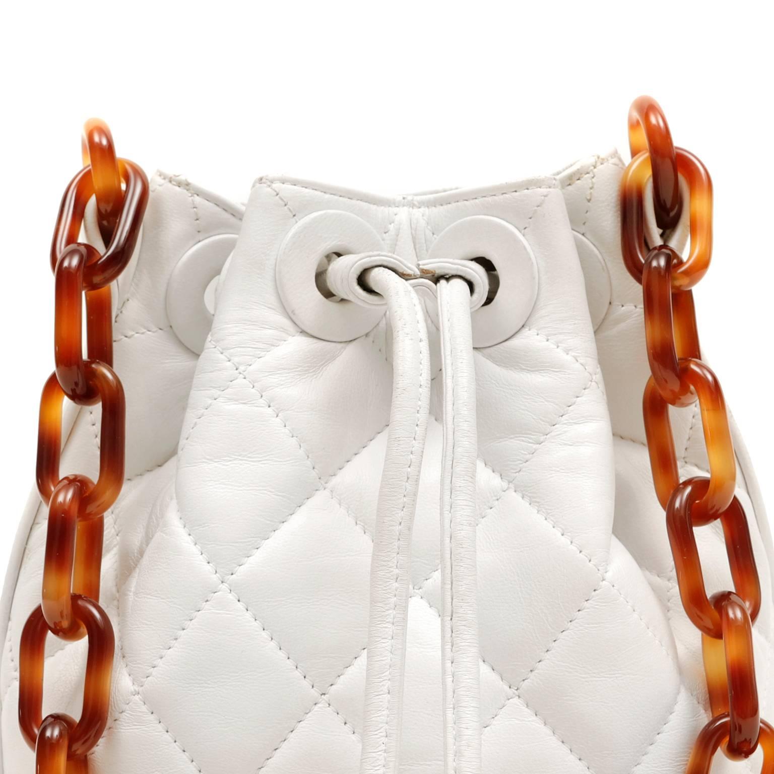 Beige Chanel White Lambskin Bucket Bag with Tortoise Chain