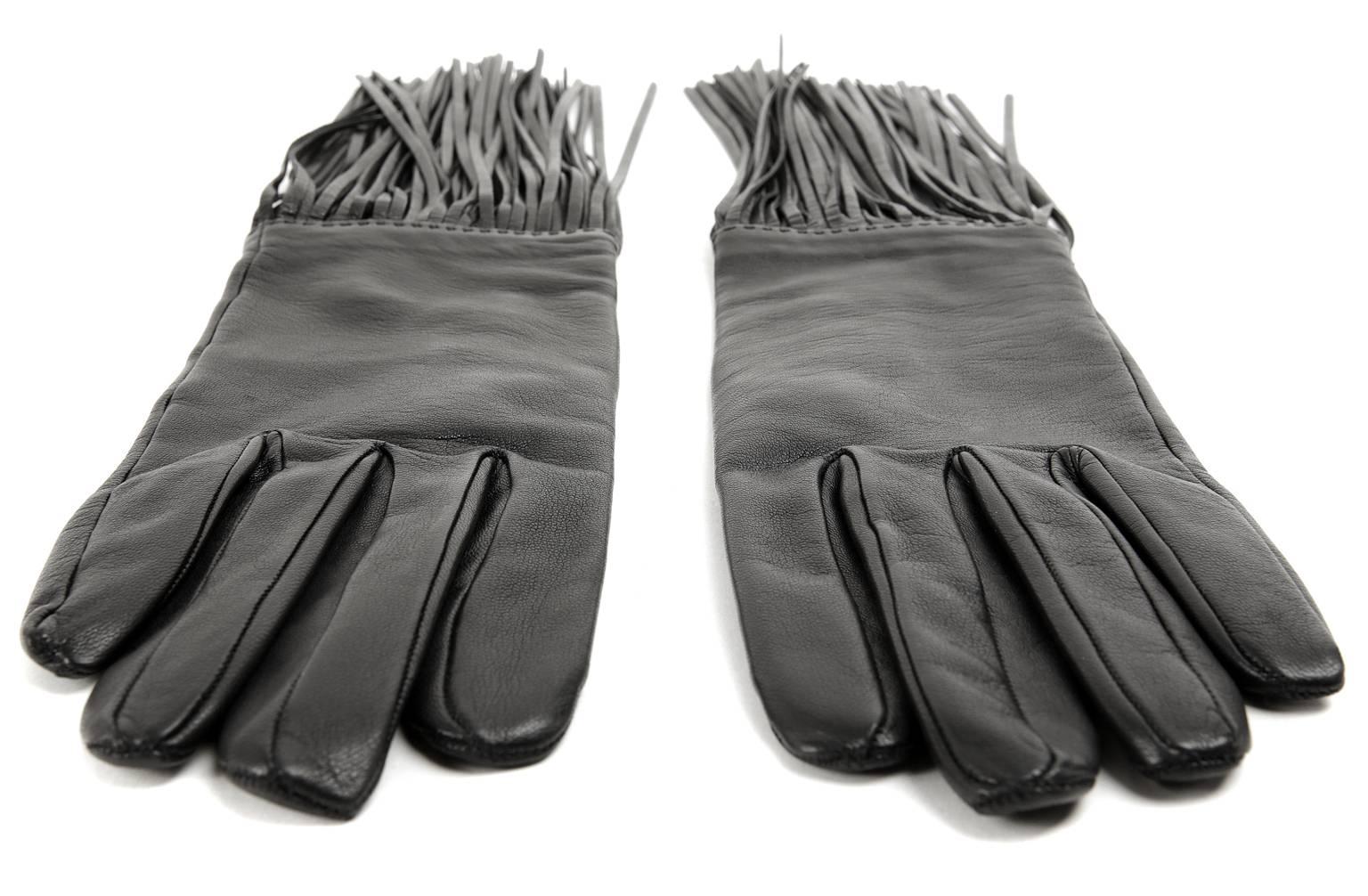 Women's Hermès Black Lambskin Long Fringed Gloves- size 7.5