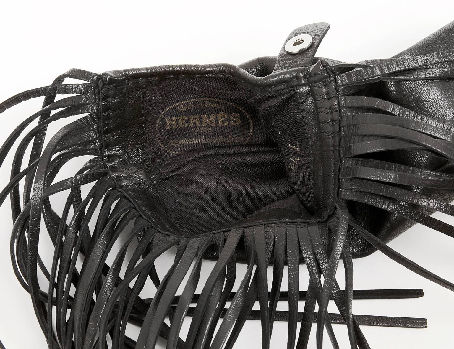 Hermès Black Lambskin Long Fringed Gloves- size 7.5 3