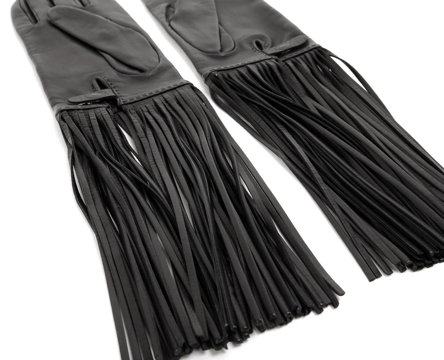 Hermès Black Lambskin Long Fringed Gloves- size 7.5 1