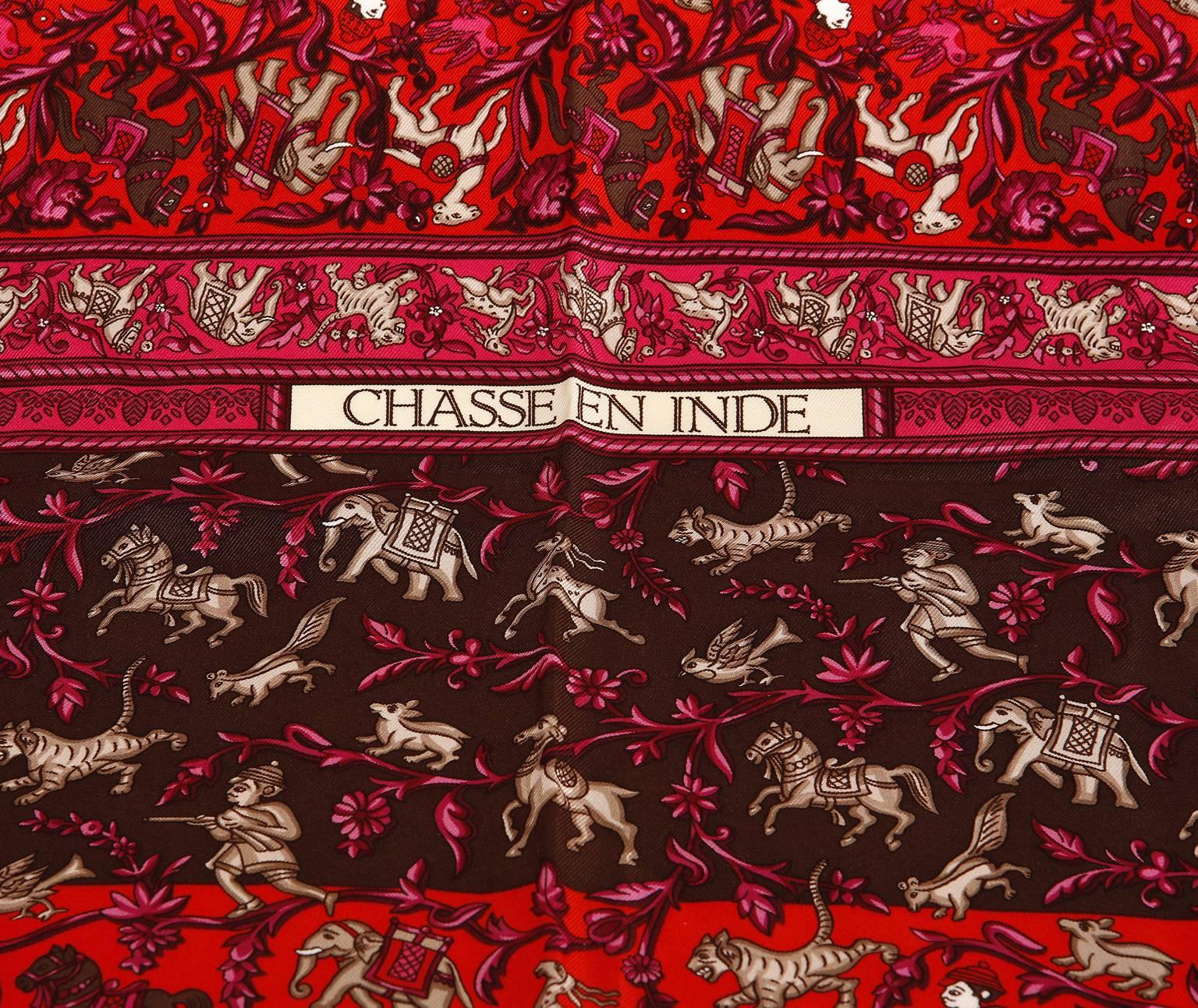 Women's Hermès Red Chasse en Inde Silk Scarf- 90 cm