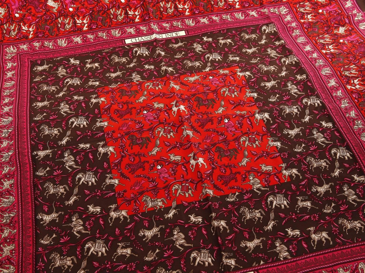 Hermès Red Chasse en Inde Silk Scarf- 90 cm 1