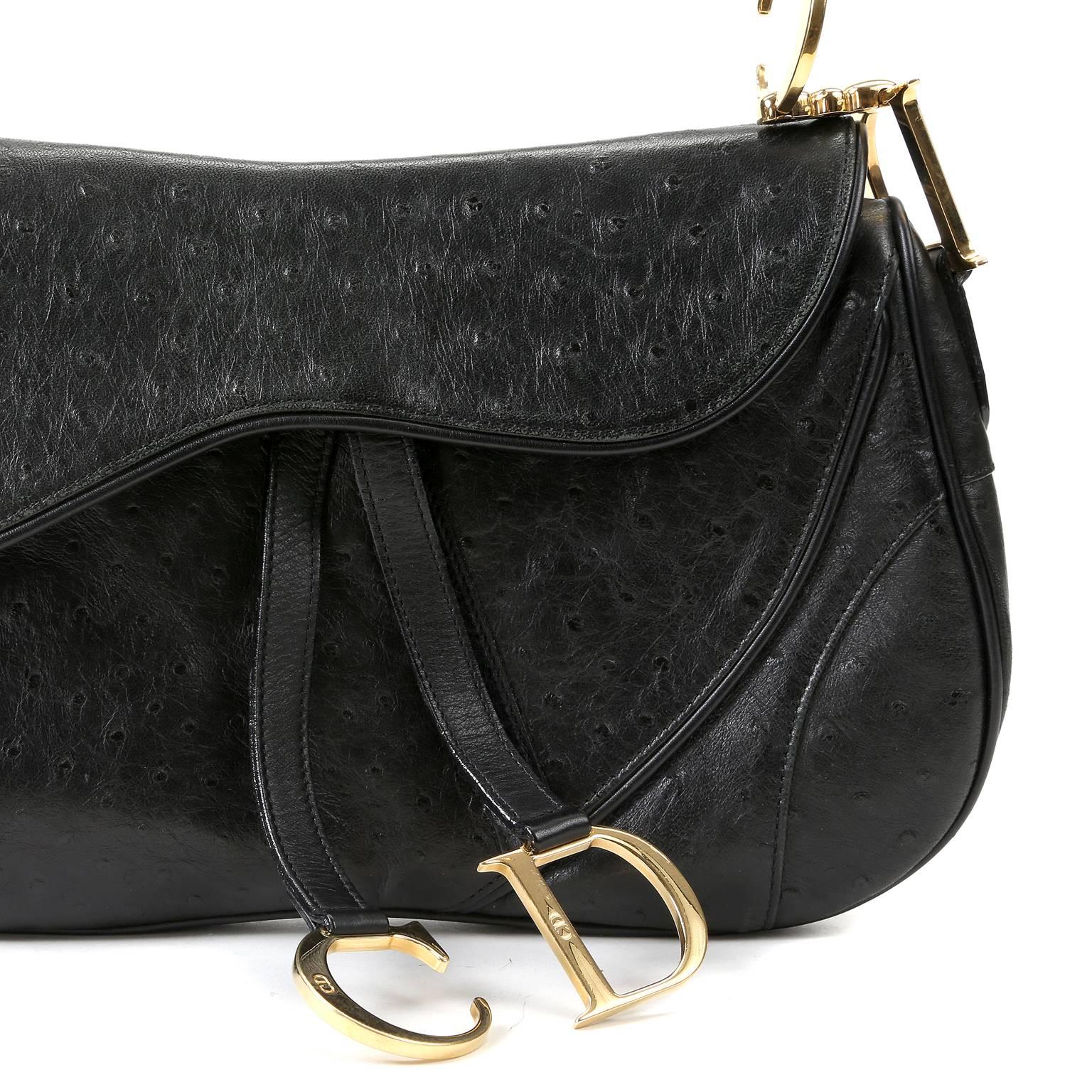 Women's Christian Dior Black Ostrich Large Saddle Bag