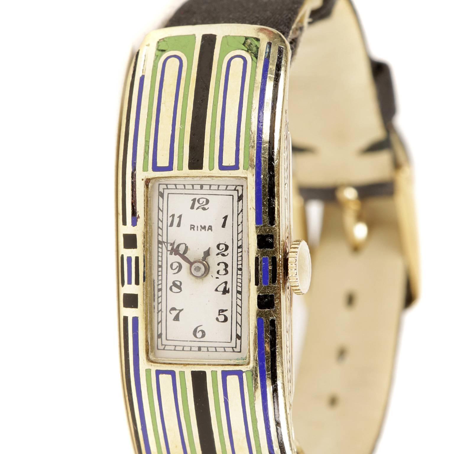 RIMA Art Deco Enamel and 14K Watch In Excellent Condition For Sale In Malibu, CA