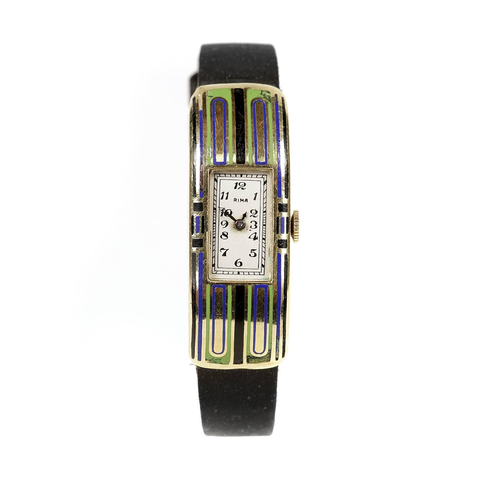 RIMA Art Deco Enamel and 14K Watch For Sale 2