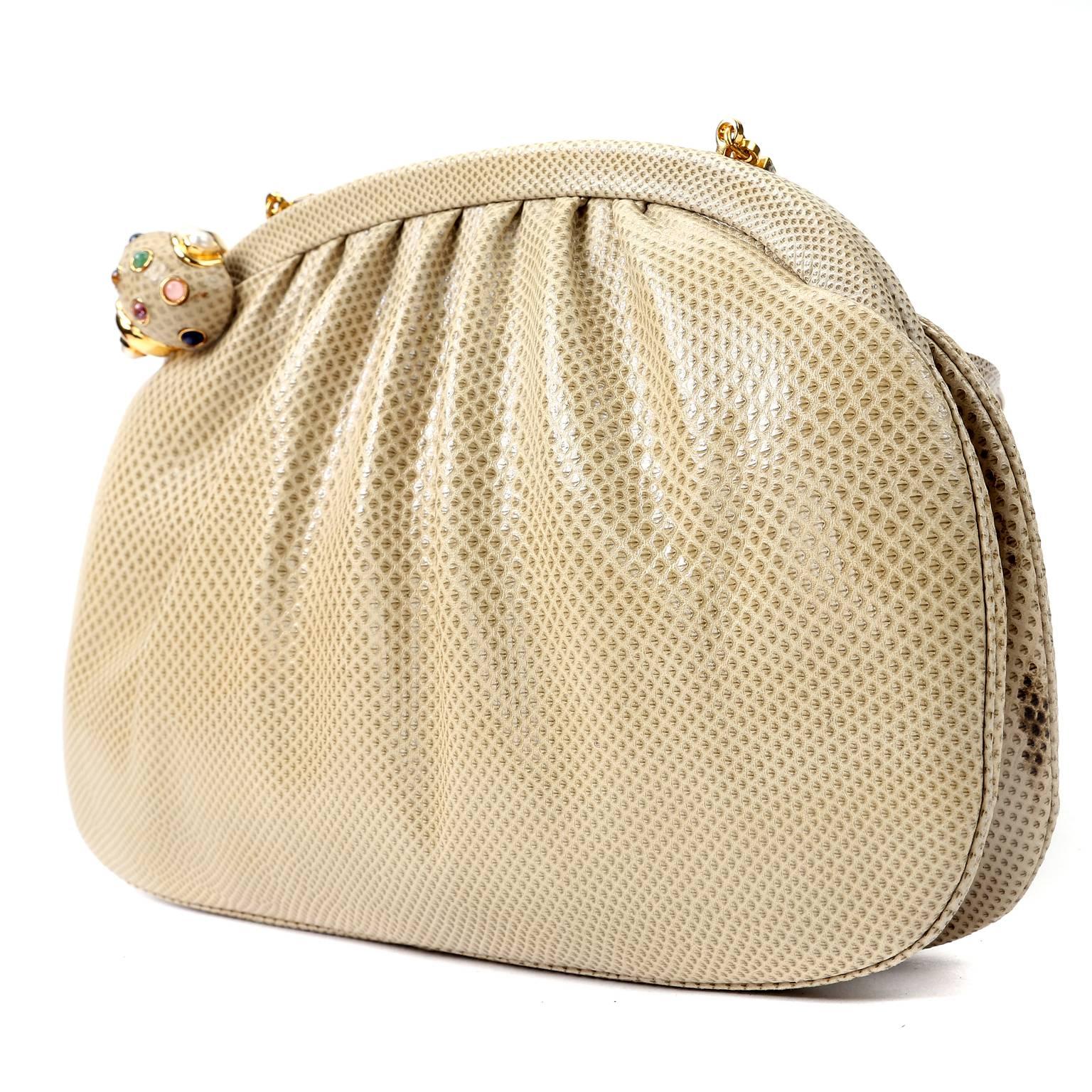 Judith Leiber Beige Lizard Evening Bag- Jeweled Snail Clasp In Excellent Condition In Malibu, CA