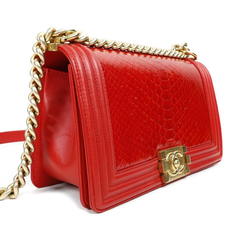 Pre-owned Chanel Red Python And Leather Medium Boy Flap Bag