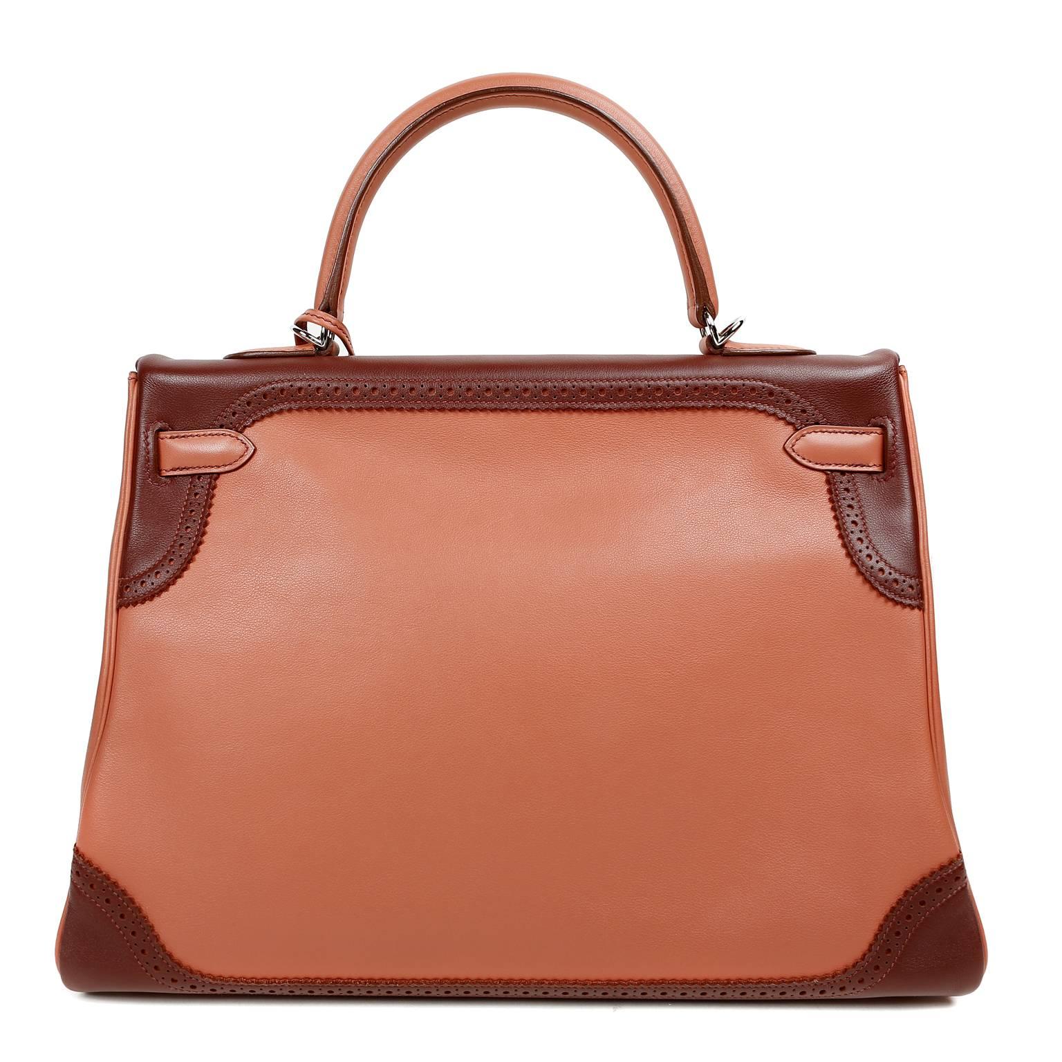 Hermès Rosy and Rouge H Ghillies 35 cm Swift Kelly- PRISTINE
  Store fresh with the protective plastic is intact on the hardware.
  Hermès bags are considered the ultimate luxury item worldwide.  Each piece is handcrafted with waitlists that can