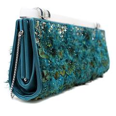 Judith Leiber Teal Peacock Feather Clutch with strap