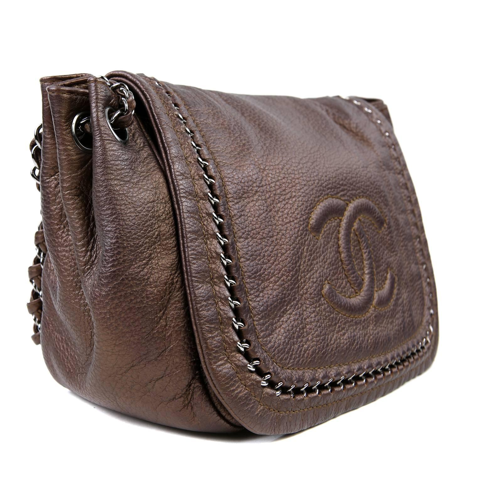 Black Chanel Copper Leather Accordion Messenger Flap Bag