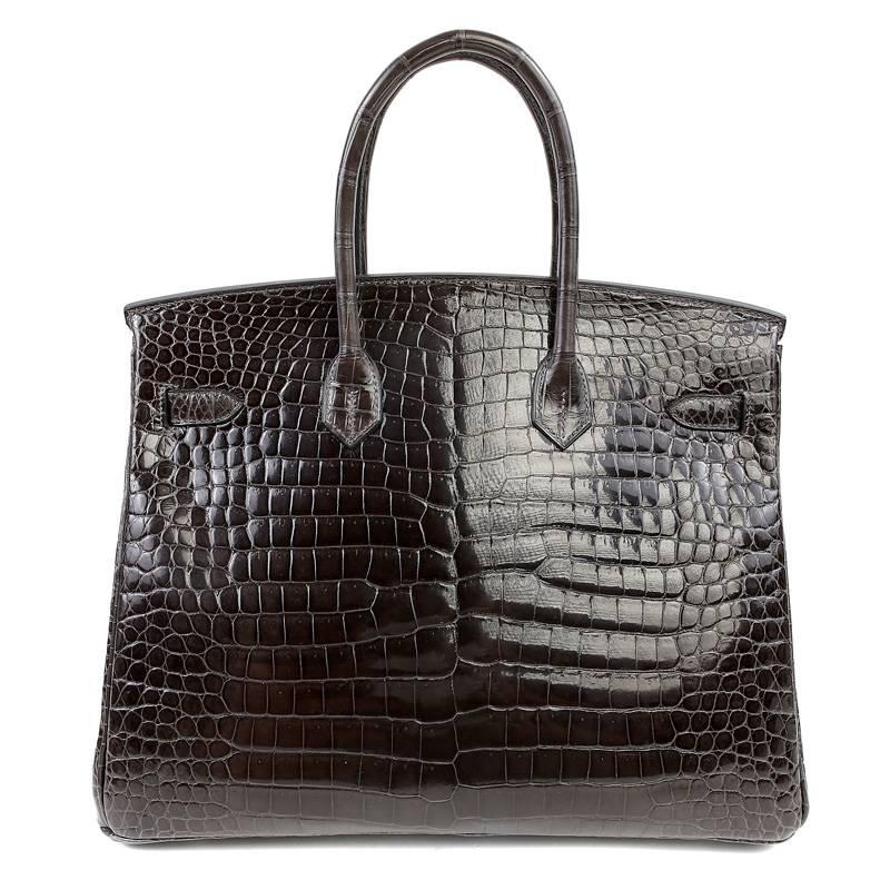 Black Hermès Plomb Porosus Crocodile 35 cm Birkin Bag