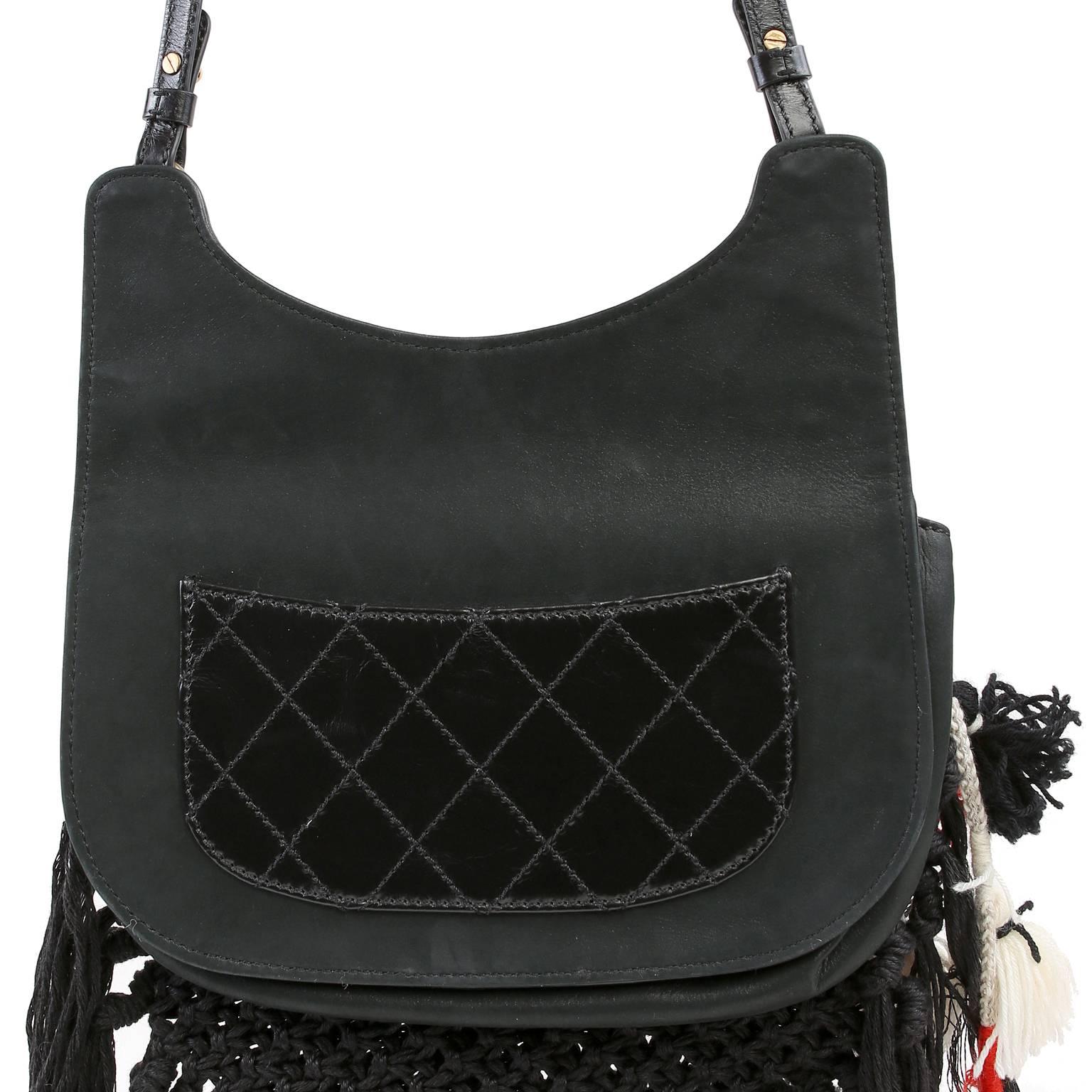 Chanel Black Bohemian Runway Tasseled Cross Body Bag- Crochet and Fringe In New Condition In Malibu, CA