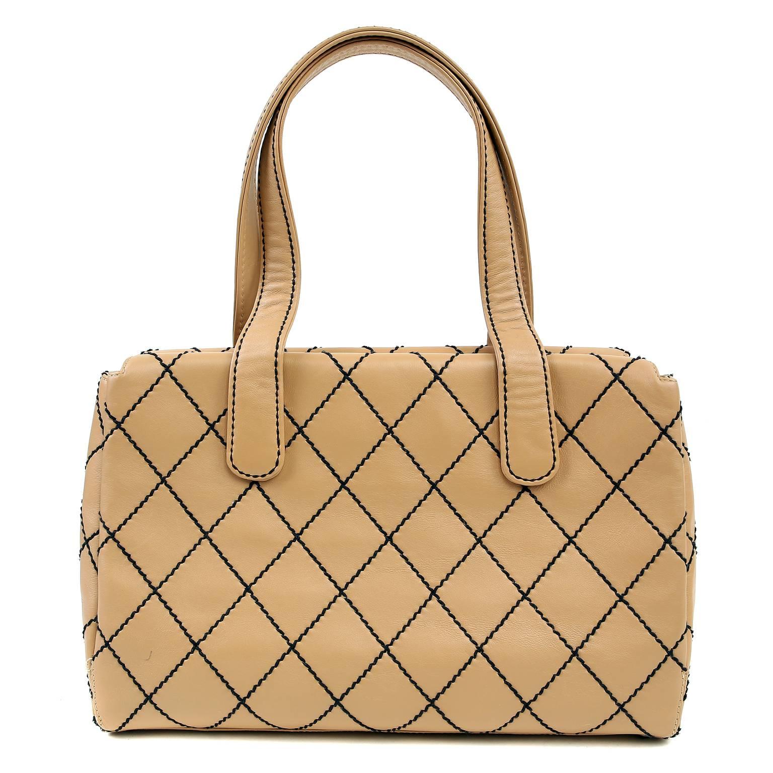 Brown Chanel Beige Leather Tote with Black Top Stitching For Sale