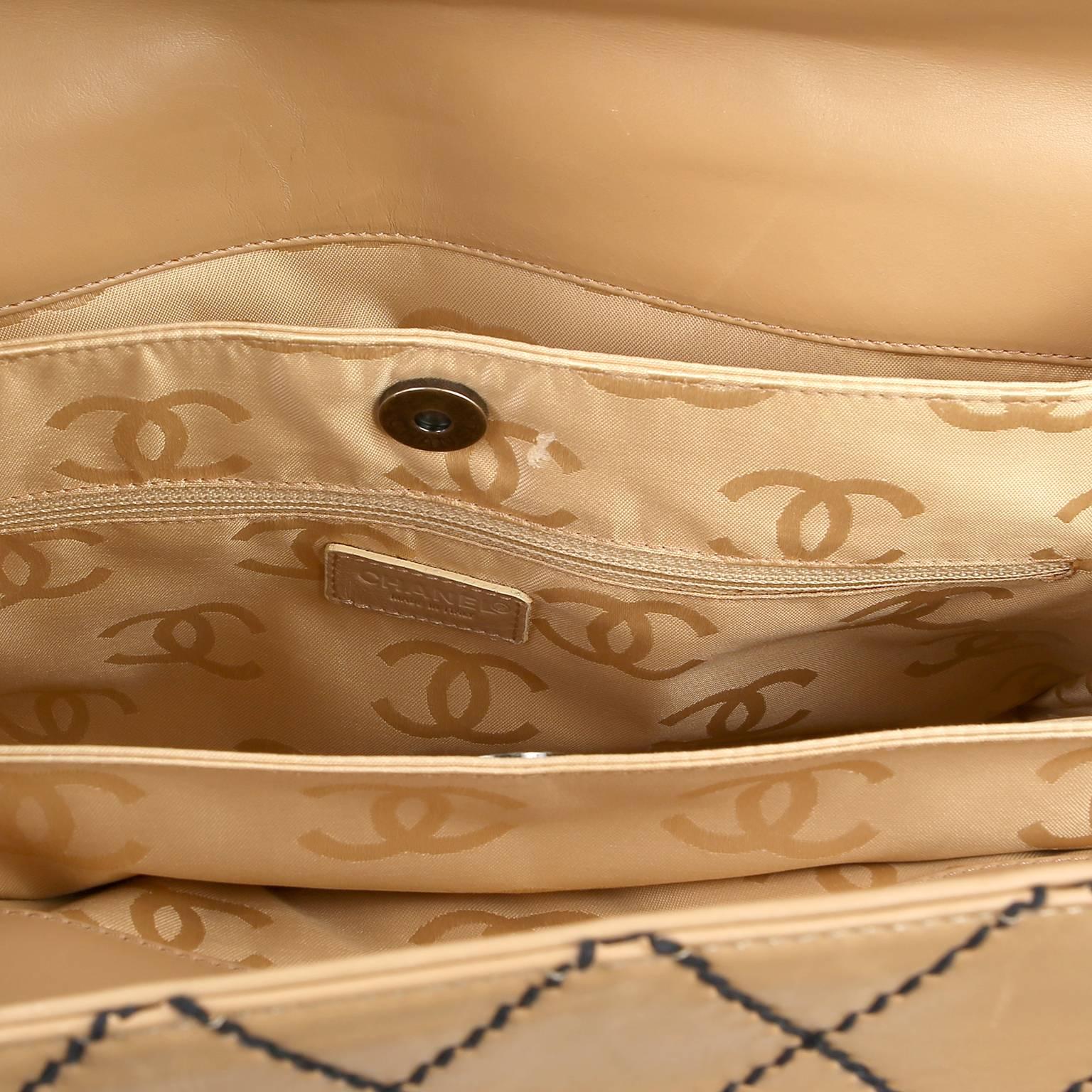 Chanel Beige Leather Tote with Black Top Stitching For Sale 2