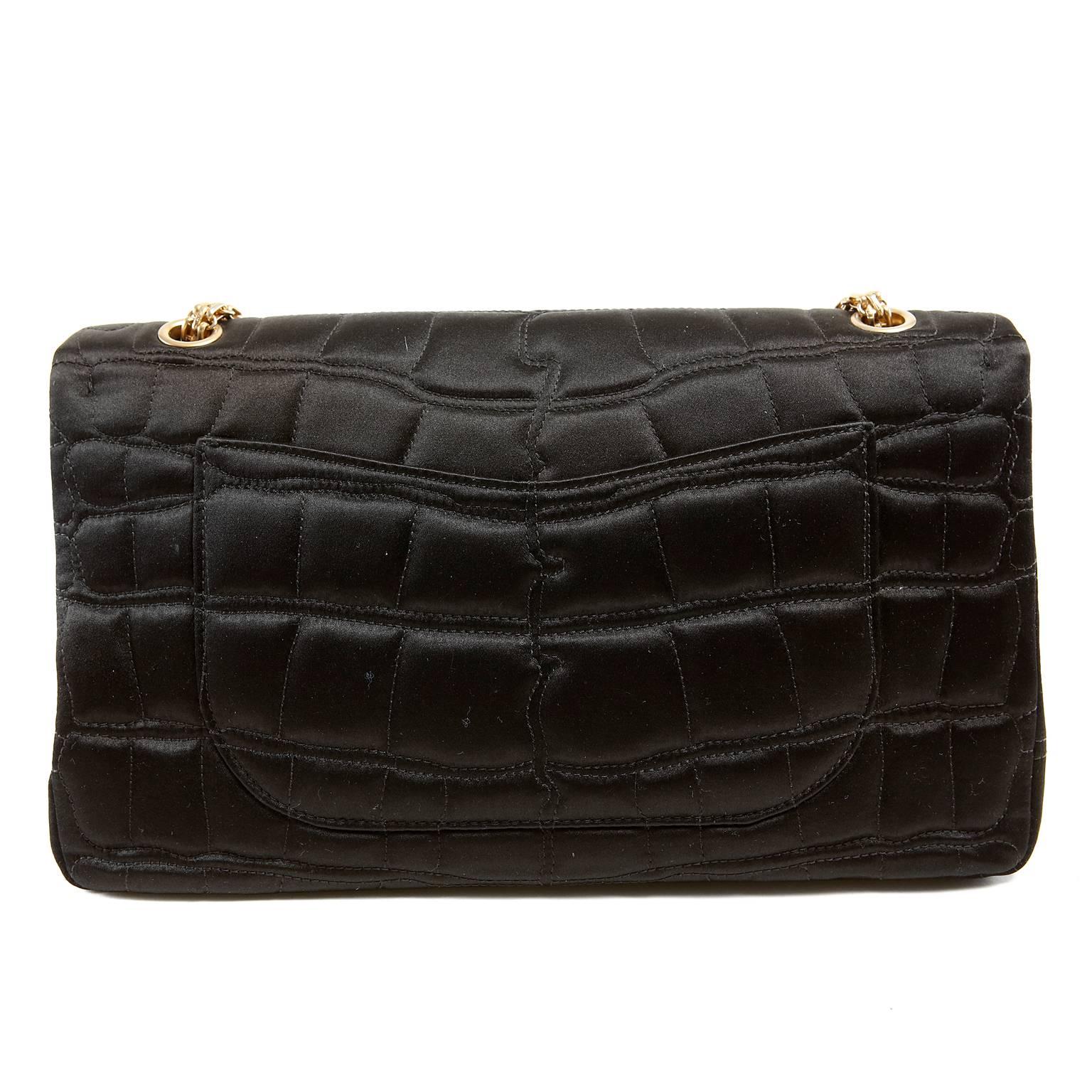 Chanel Black Satin Crocodile Quilted Reissue Flap Bag In Excellent Condition In Malibu, CA