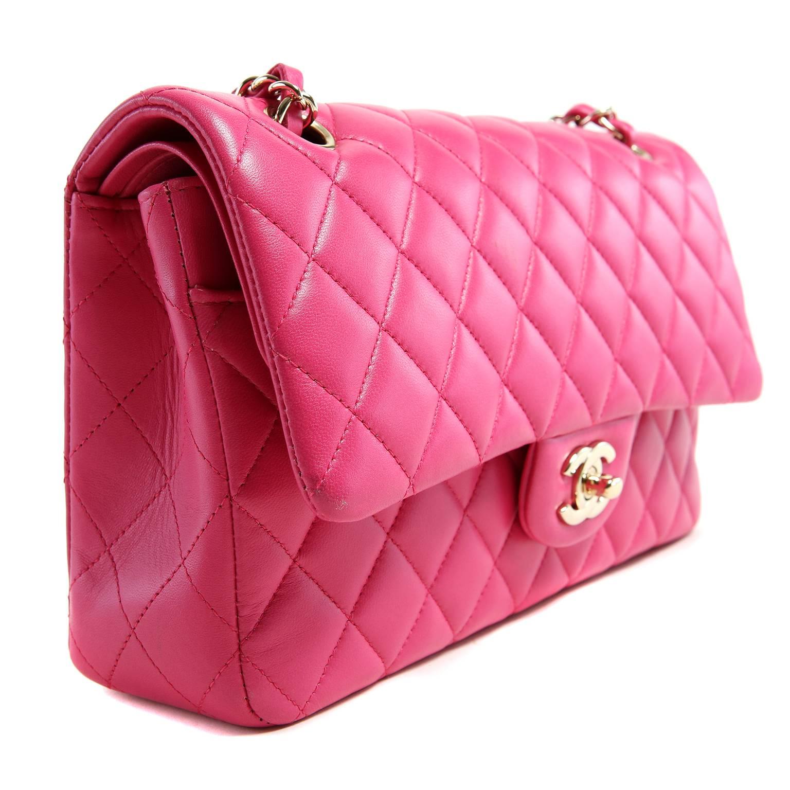 Chanel Fuchsia Pink Leather Medium Double Flap Classic In New Condition In Malibu, CA