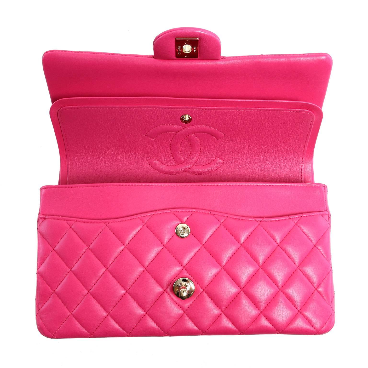 Chanel Fuchsia Pink Leather Medium Double Flap Classic 2