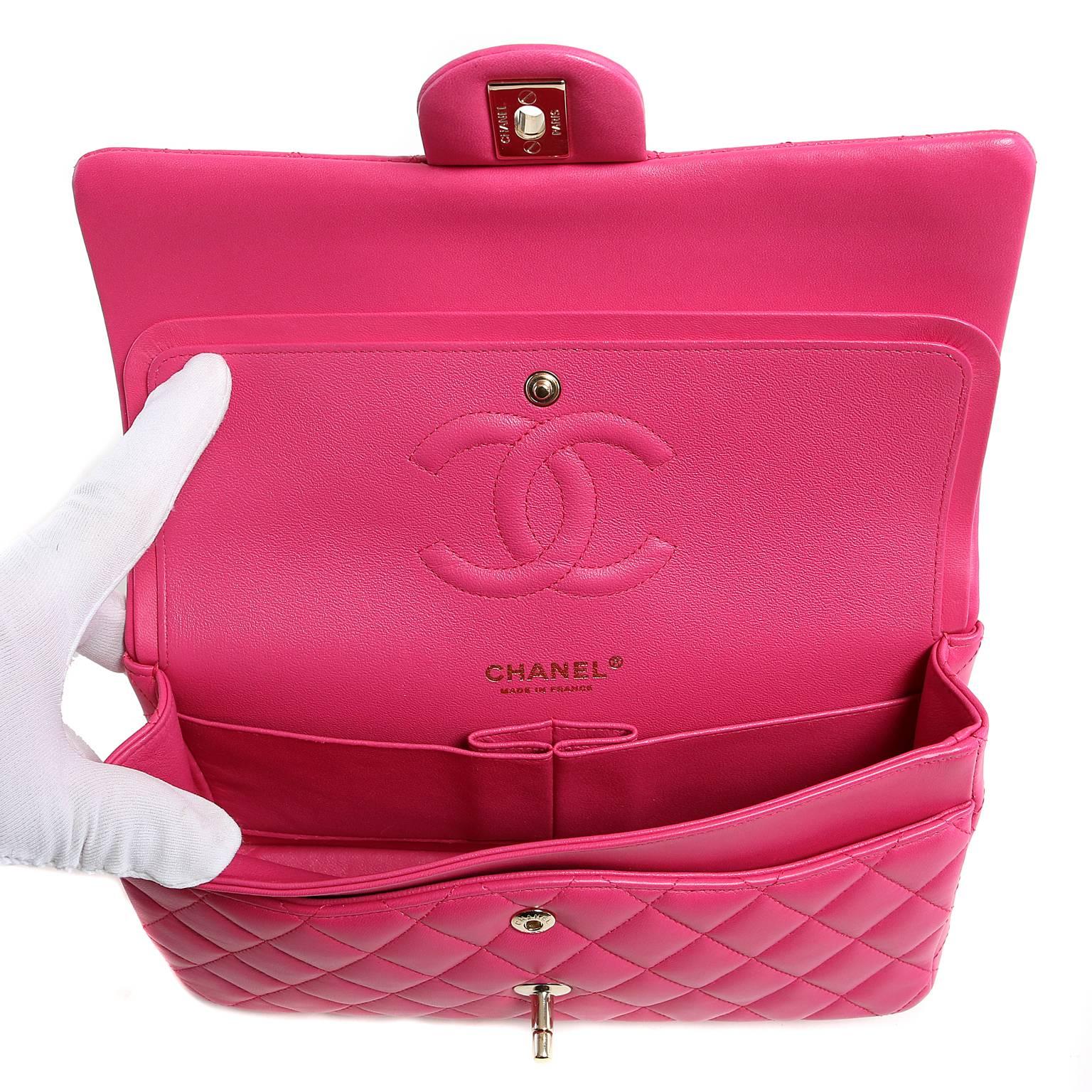 Chanel Fuchsia Pink Leather Medium Double Flap Classic 3