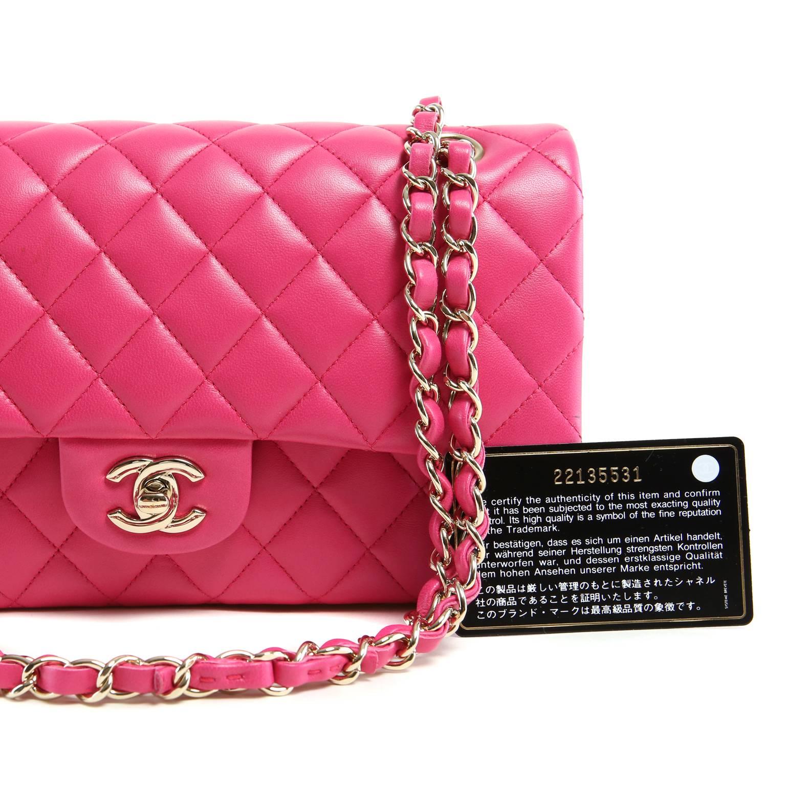 Chanel Fuchsia Pink Leather Medium Double Flap Classic 6