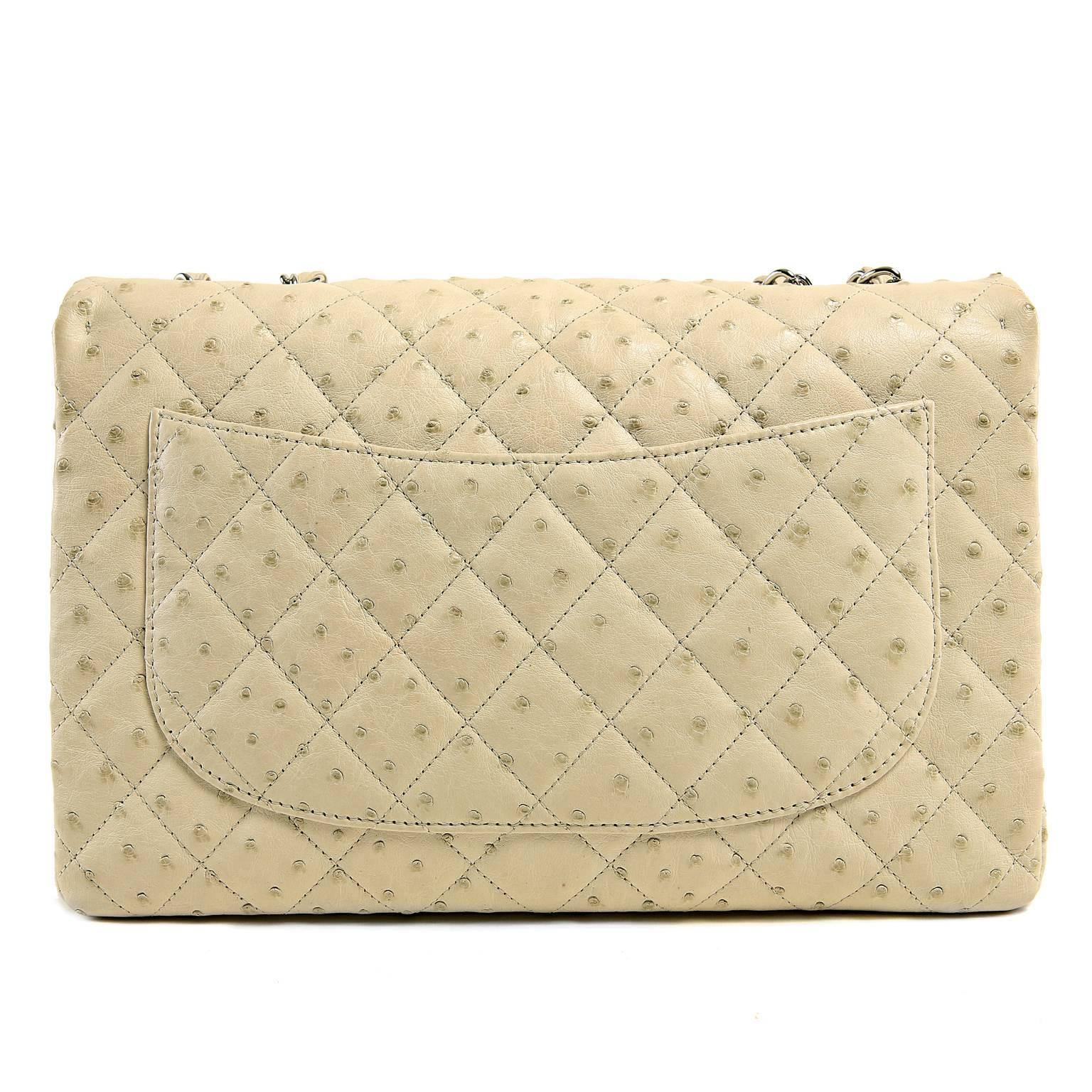 Chanel Ivory Ostrich Maxi- PRISTINE;  Extremely rare, ostrich is a highly collectible exotic. 
 
Ostrich skin is considered one of the most durable commercial leathers available.  It is easily recognized by the dot composition from the quill of