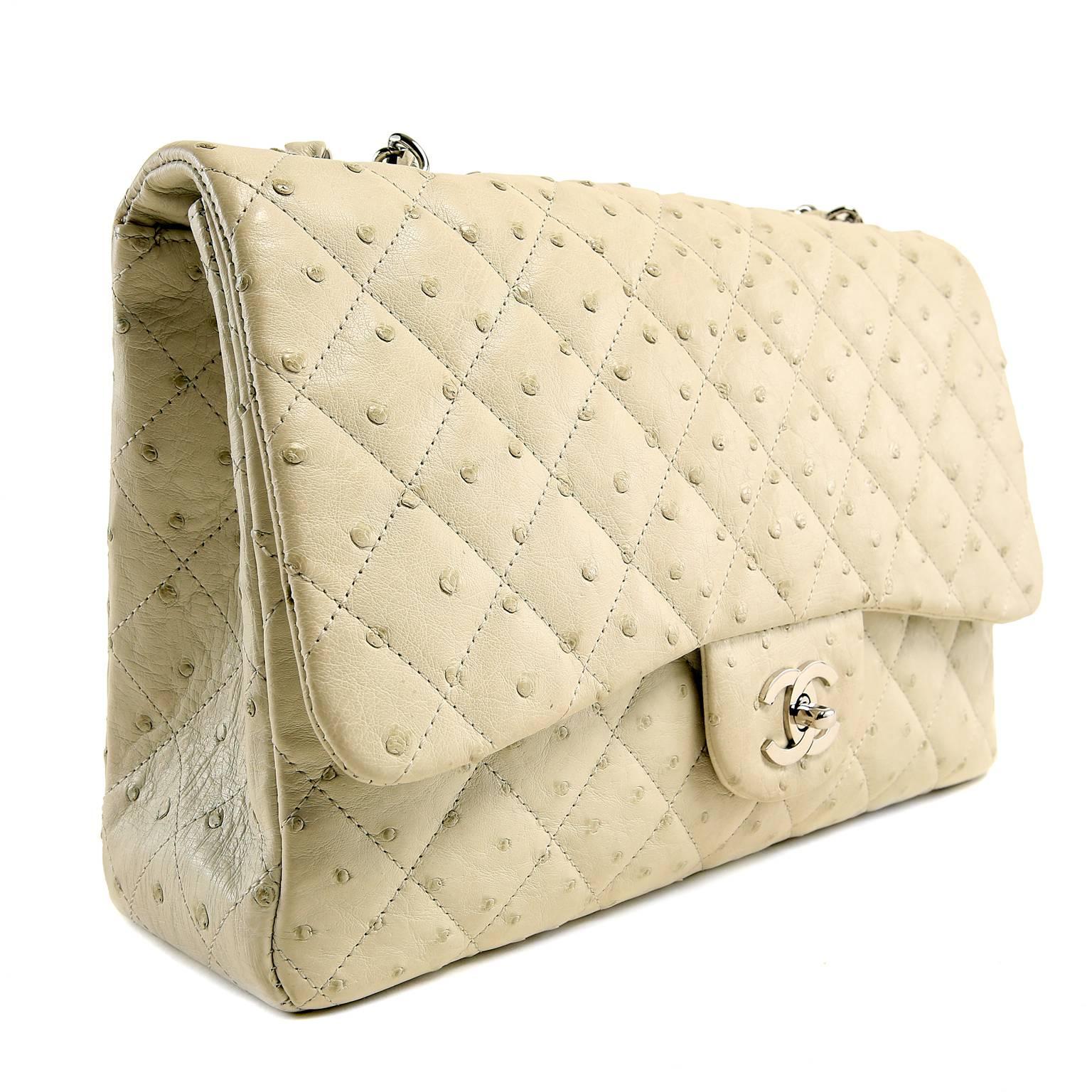 Beige Chanel  Ivory Ostrich Maxi Flap Shoulder Bag