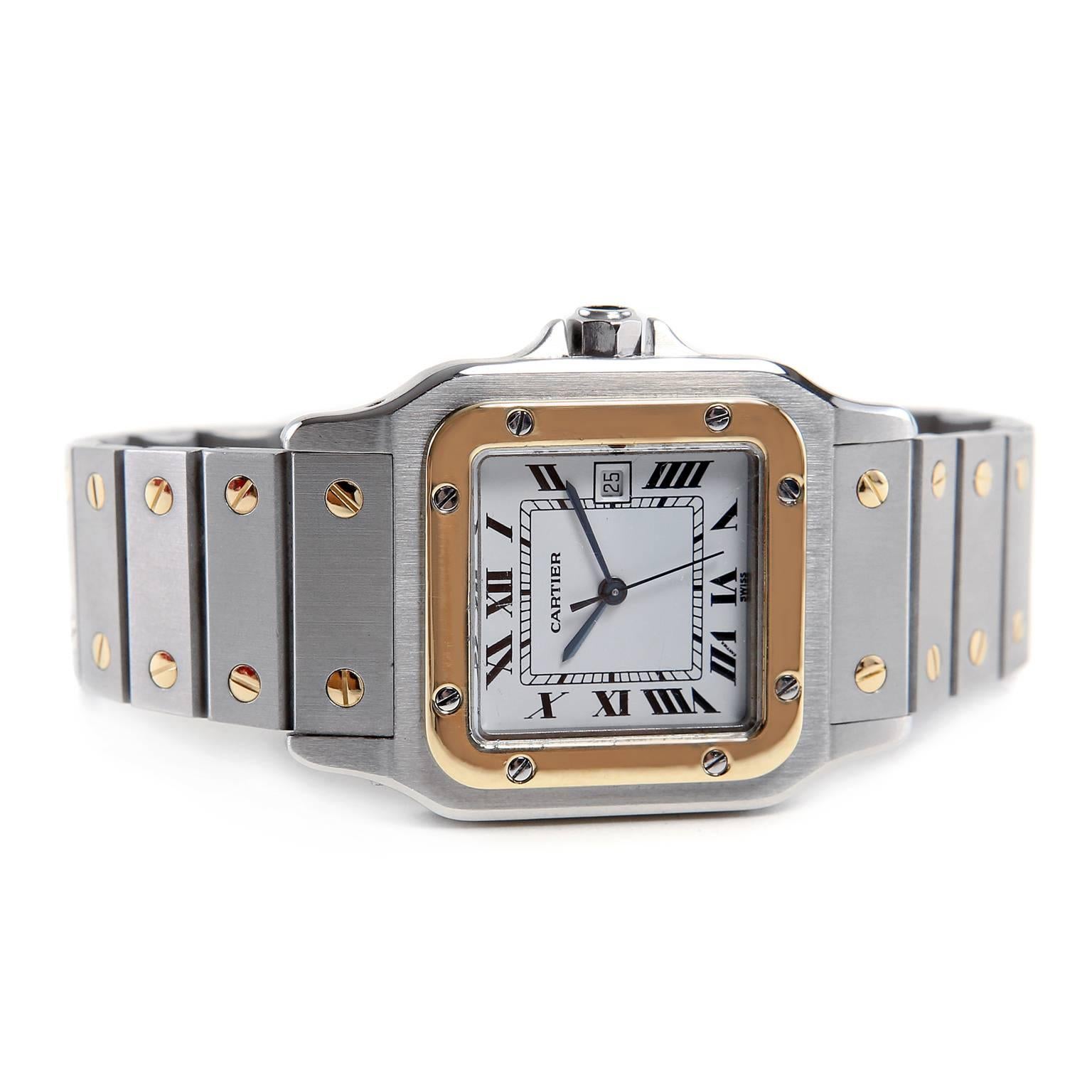 Cartier Santos Collection Two Tone Watch is a beautiful piece is excellent condition.  Stainless steel with 18k gold accents makes this classic timepiece wearable with everything.
 
 Date, folding clasp closure.
 