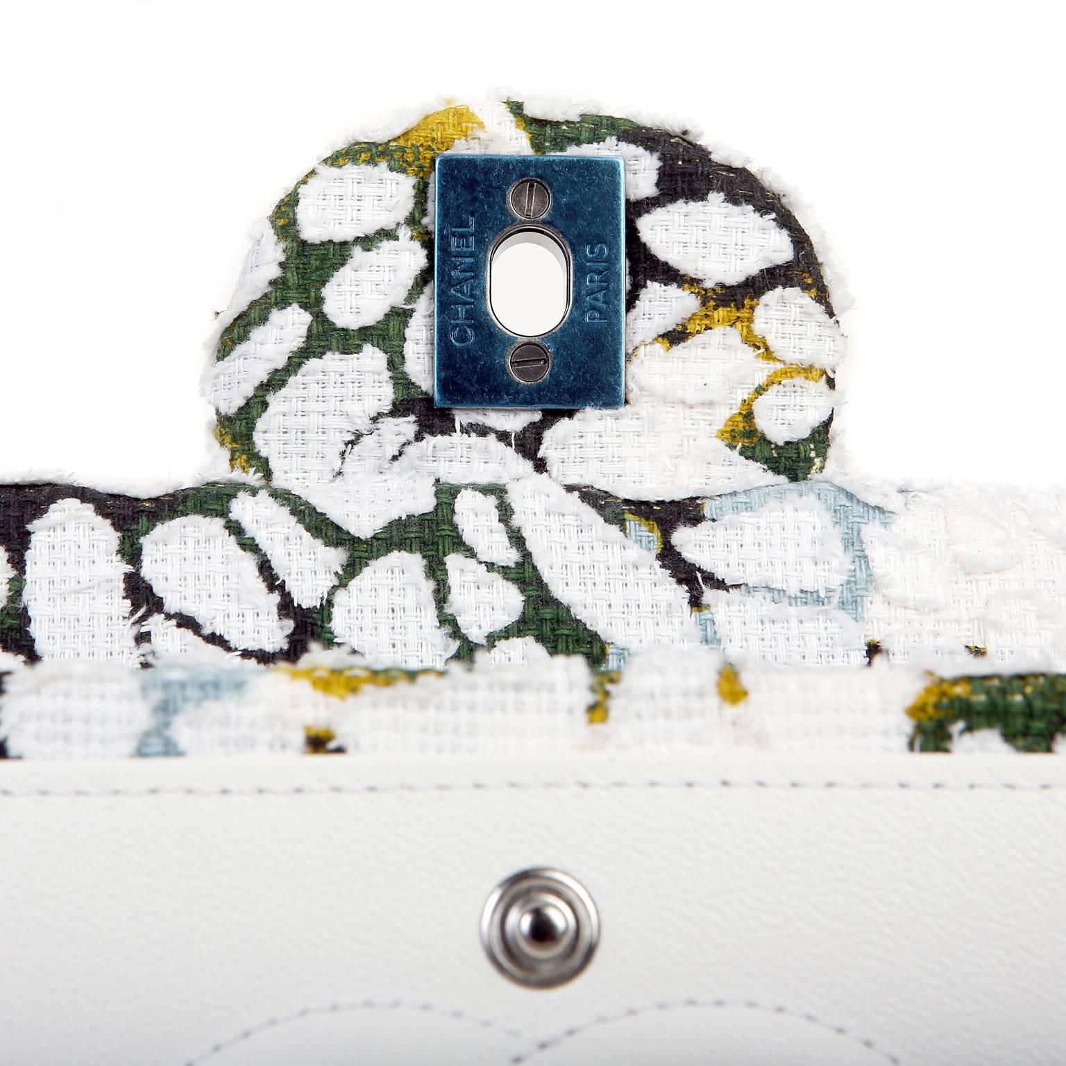 Chanel White Floral Tweed Double Flap Classic For Sale 3