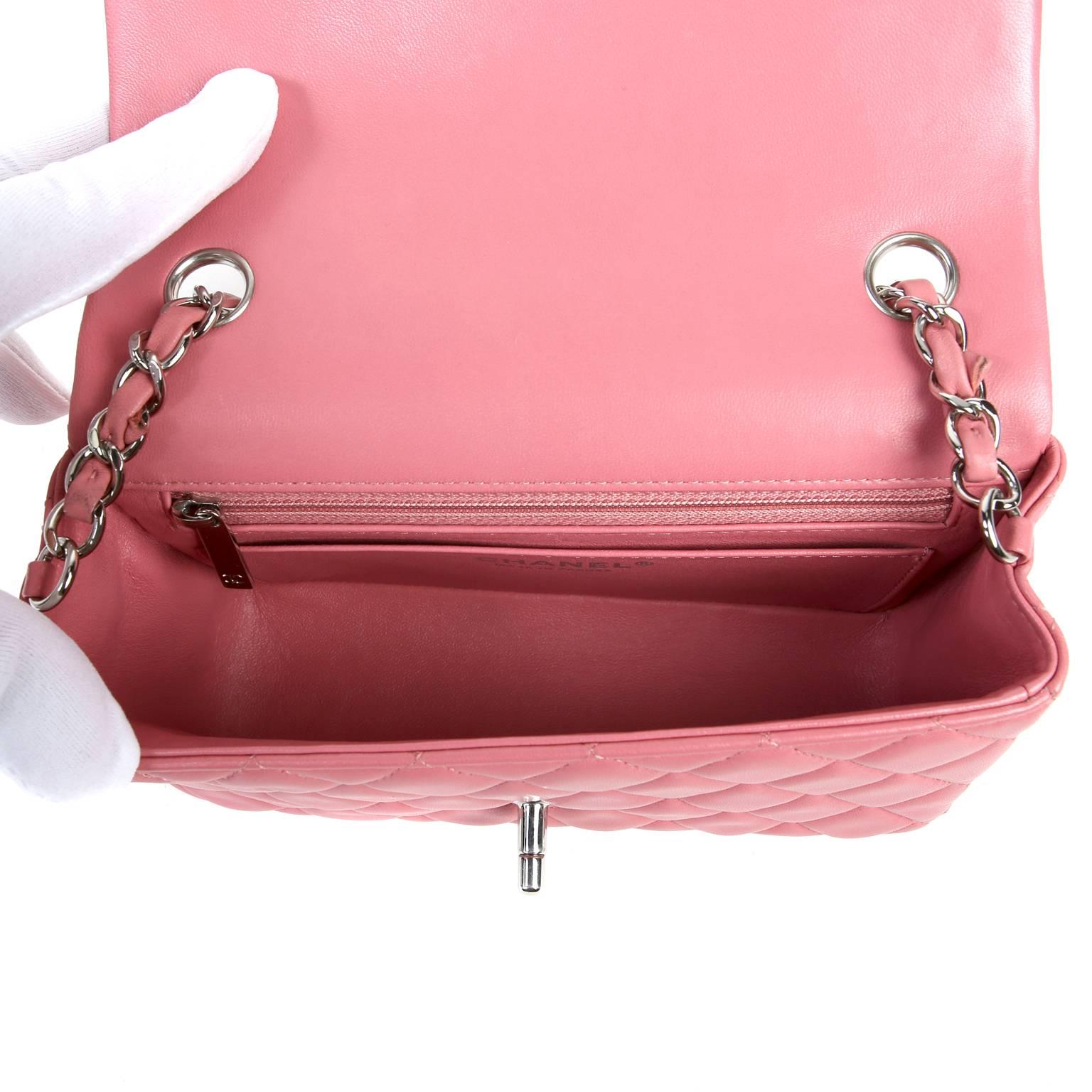 Chanel Pink Lambskin Mini Classic Flap SHW For Sale 2
